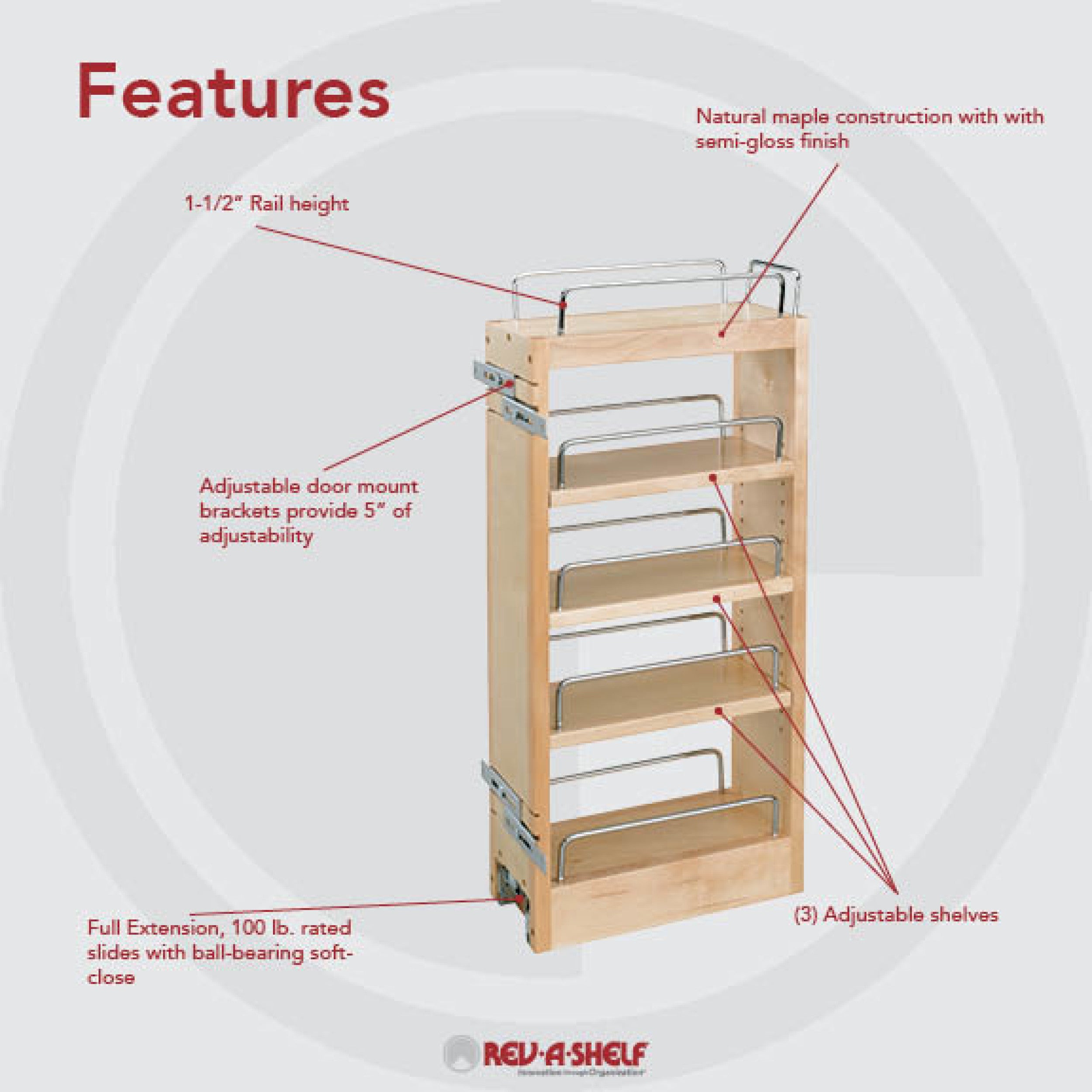 5 in Wood Hood Pull-Out Organizer w/Adj Shelves Natural  5 in (127 mm) W x 10.75 in (273 mm) D x 23 in (584 mm) H