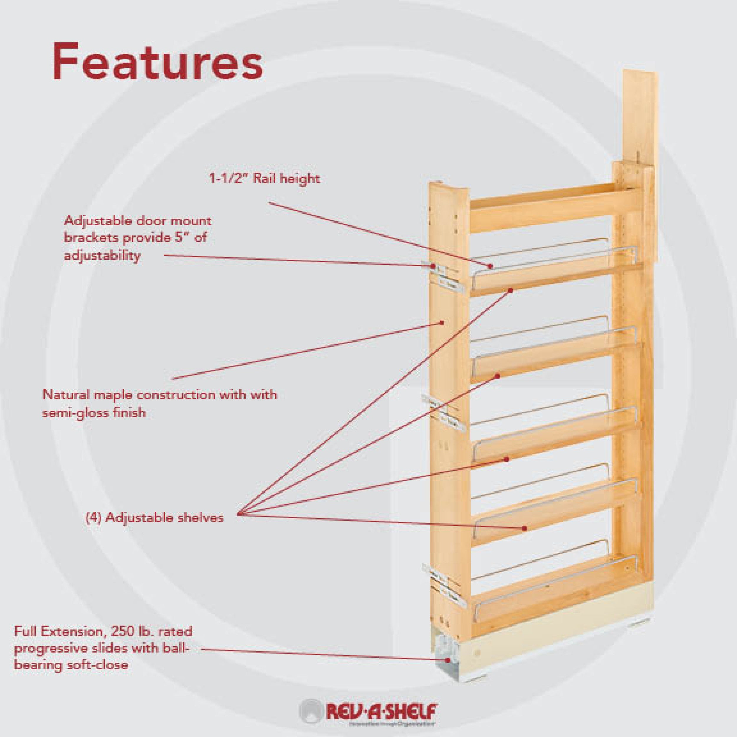 5 in W x 43 in H Wood Pantry Pullout Soft Close Natural  5 in (127 mm) W x 22 in (559 mm) D x 43.25 in (1099 mm) H