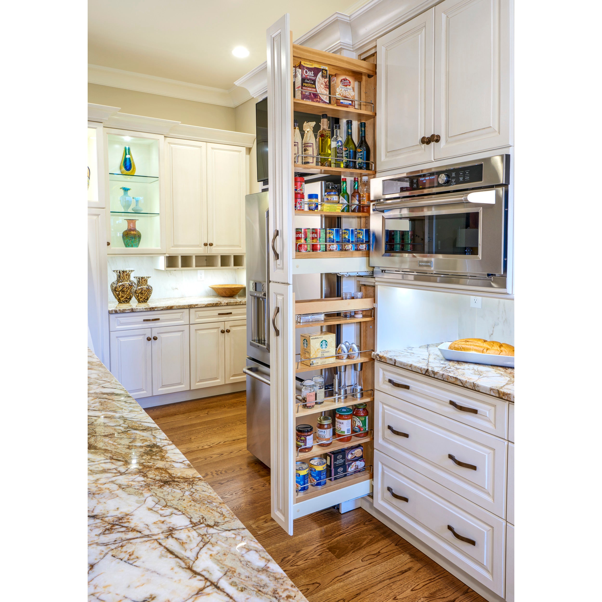 5 in W x 51 in H Wood Pantry Pullout Soft Close Natural  5 in (127 mm) W x 22 in (559 mm) D x 50.75 in (1289 mm) H