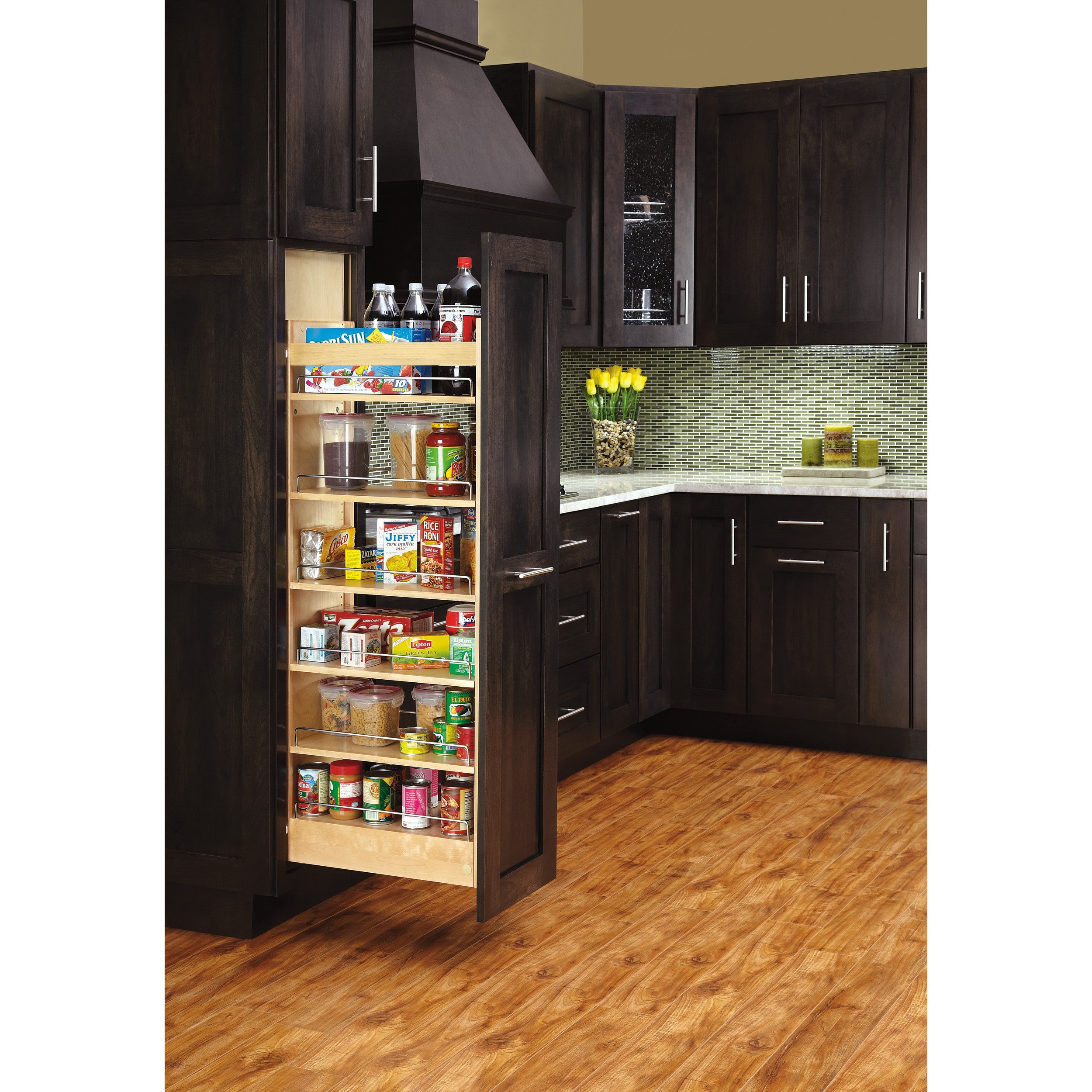 8 in W x 58 in H Wood Pantry Pullout Soft Close Natural  8 in (203 mm) W x 22 in (559 mm) D x 58.25 in (1480 mm) H