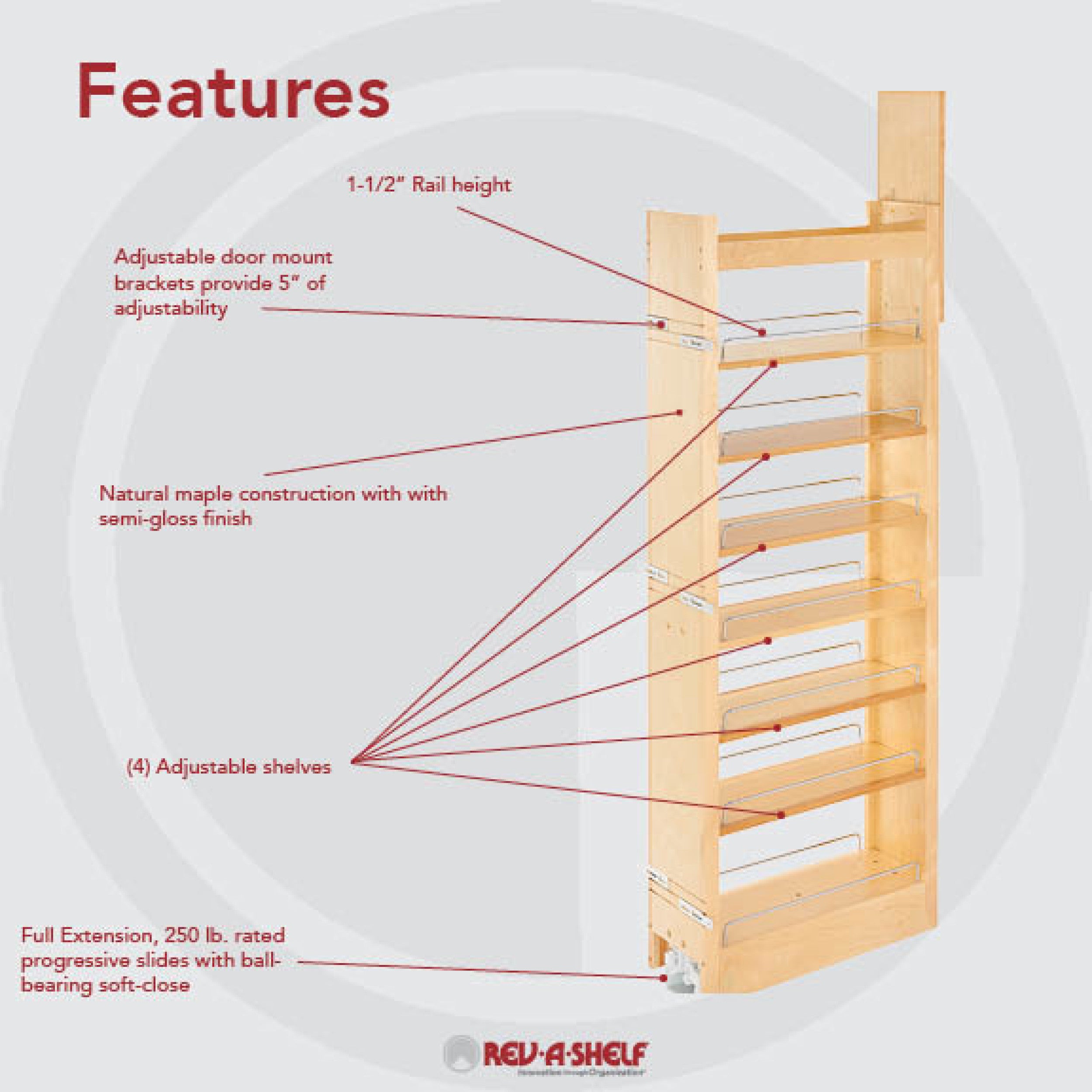 8 in W x 58 in H Wood Pantry Pullout Soft Close Natural  8 in (203 mm) W x 22 in (559 mm) D x 58.25 in (1480 mm) H