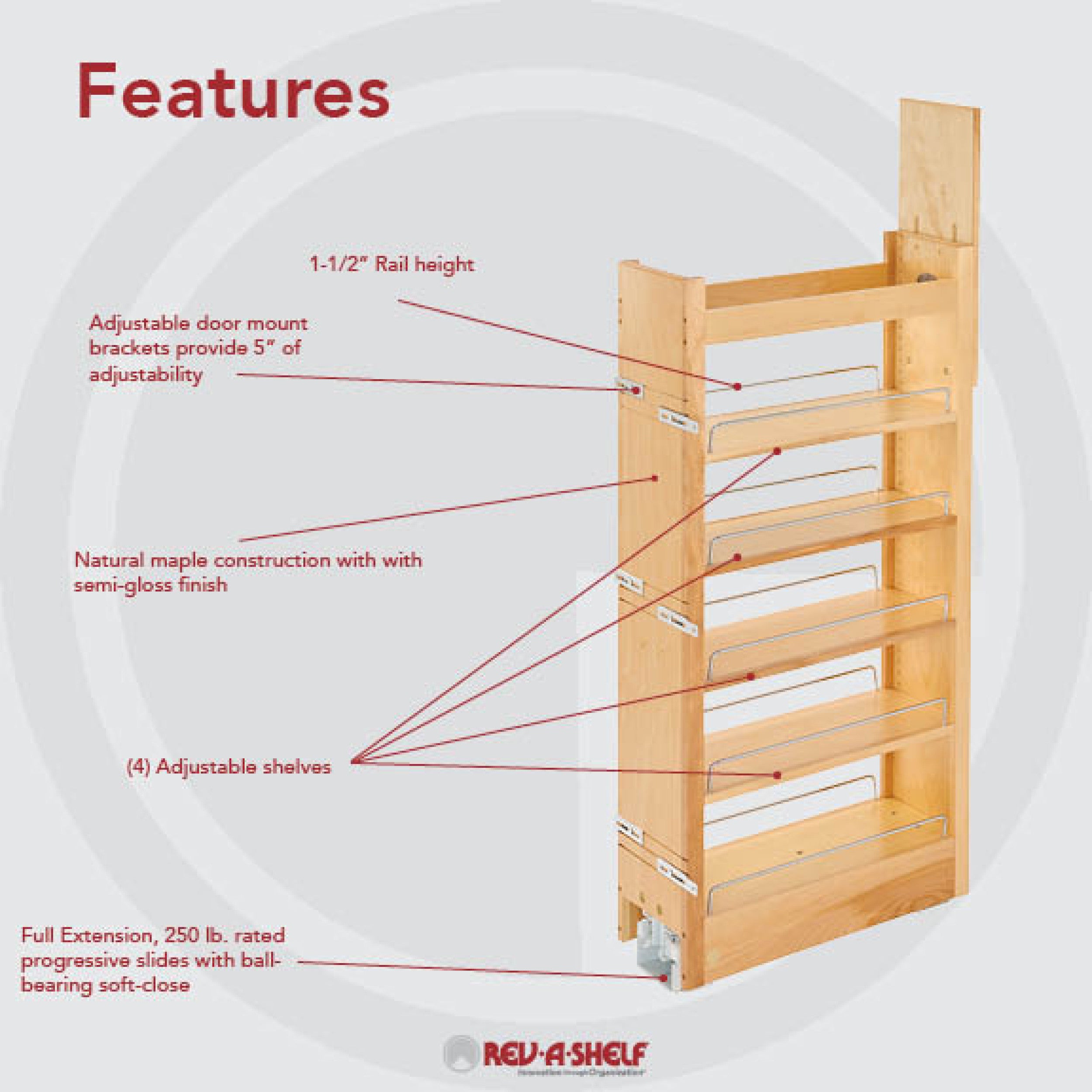 8 in W x 43 in H Wood Pantry Pullout Soft Close Natural  8 in (203 mm) W x 22 in (559 mm) D x 43.25 in (1099 mm) H