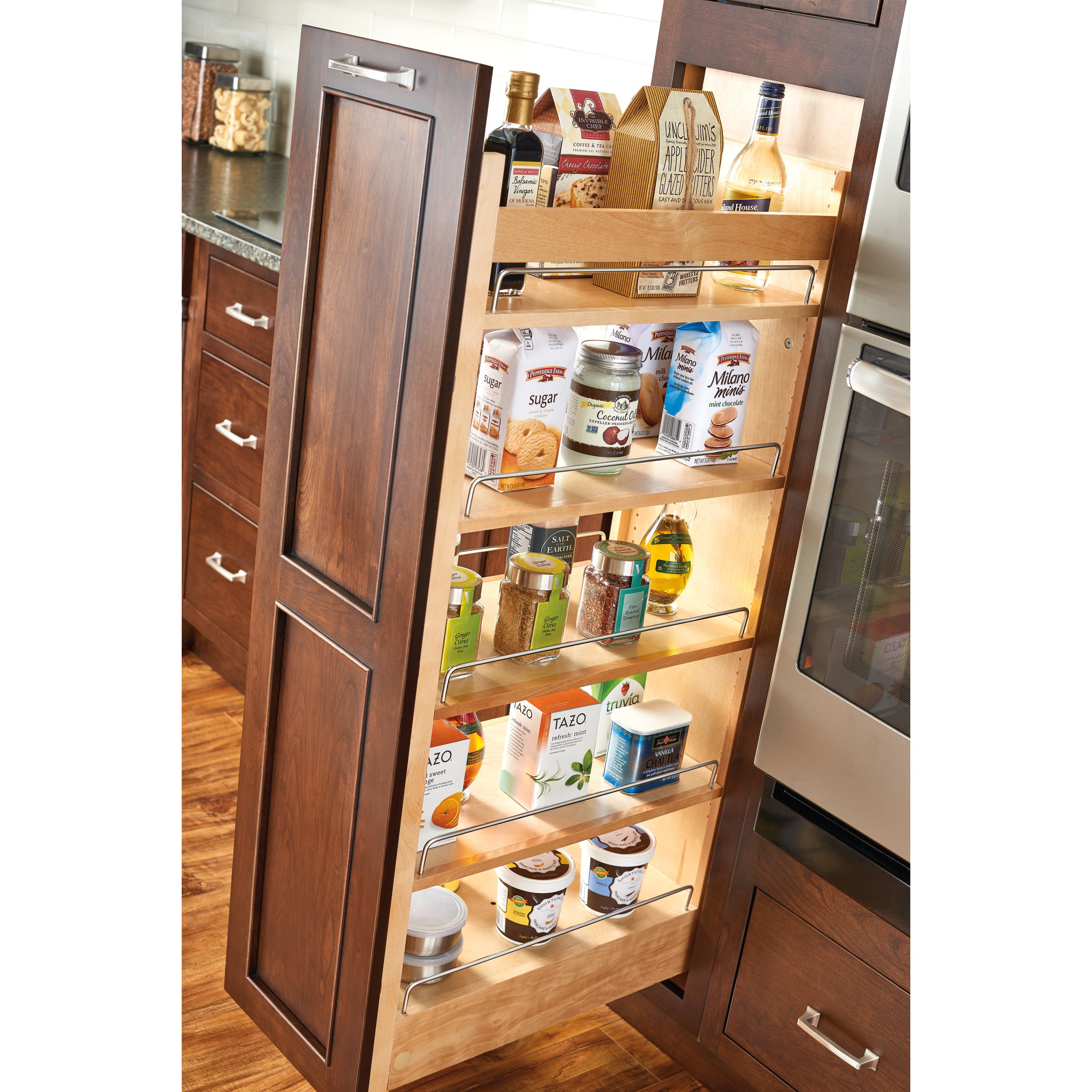 8 in W x 43 in H Wood Pantry Pullout Soft Close Natural  8 in (203 mm) W x 22 in (559 mm) D x 43.25 in (1099 mm) H