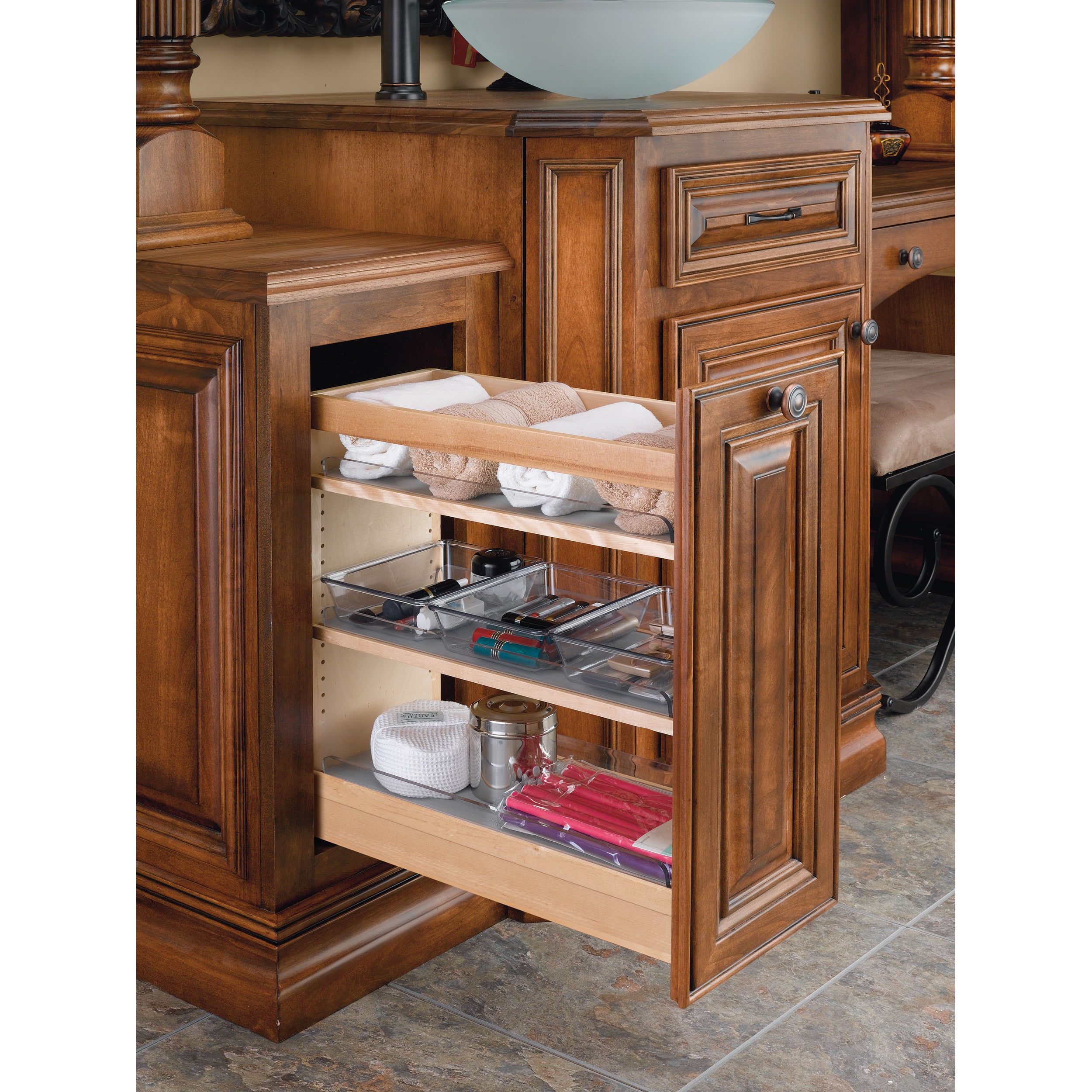 8 in W X 20 in H Wood Vanity Base Organizer w/Soft-Close Natural  8.44 in (214 mm) W x 19.56 in (497 mm) D x 20.38 in (518 mm) H