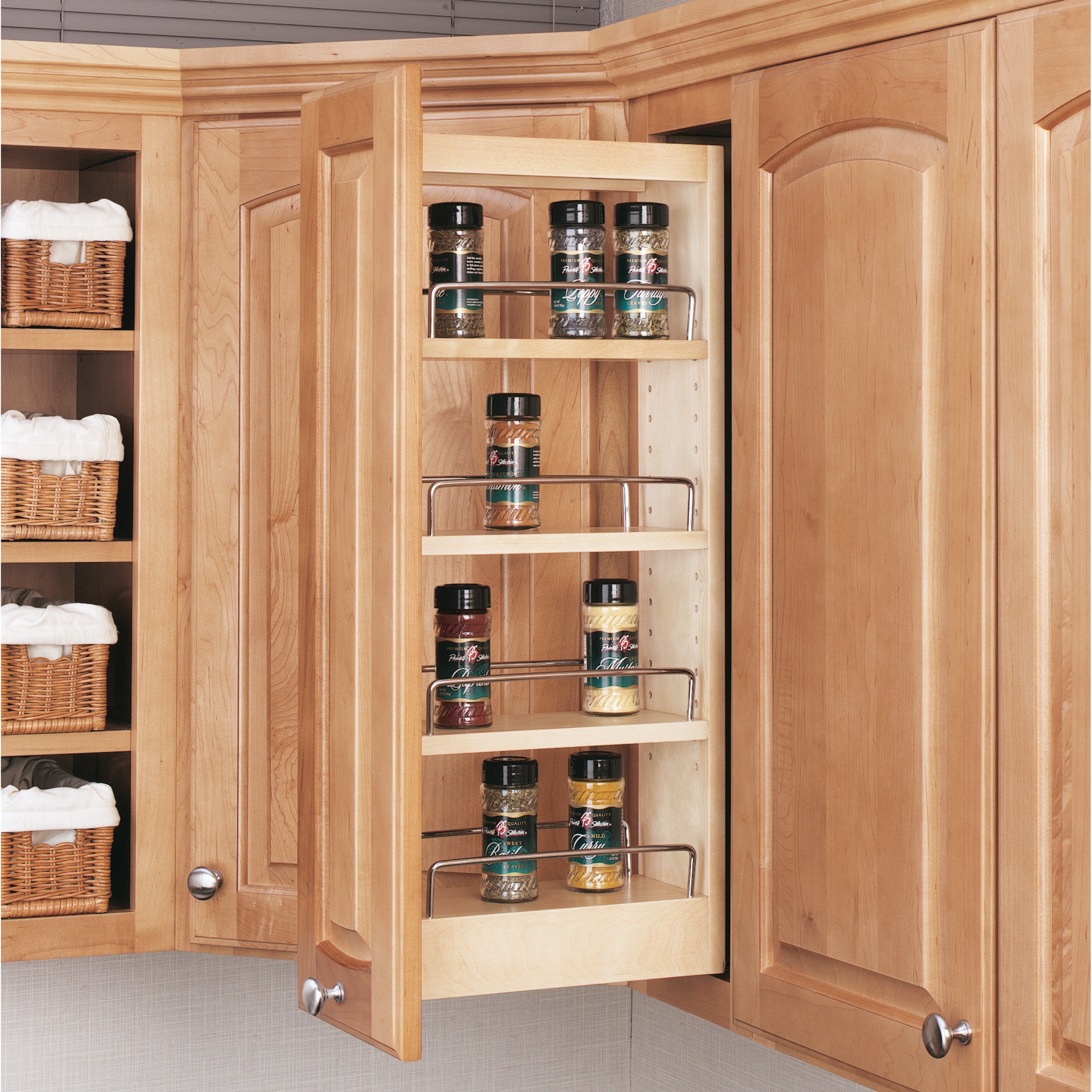5 in Wood Pull Out Wall Cabinet Organizer Natural  5 in (127 mm) W x 10.75 in (273 mm) D x 26.25 in (667 mm) H