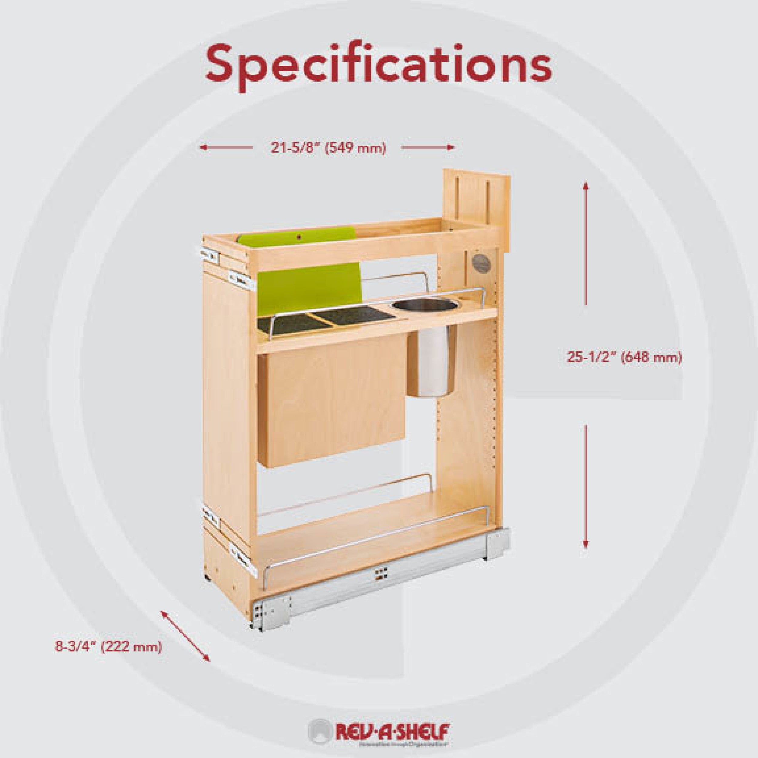 8 in Base Cabinet Organizer w/ Knife Block w/Soft-Close Natural  8.75 in (222 mm) W x 21.63 in (549 mm) D x 25.5 in (648 mm) H
