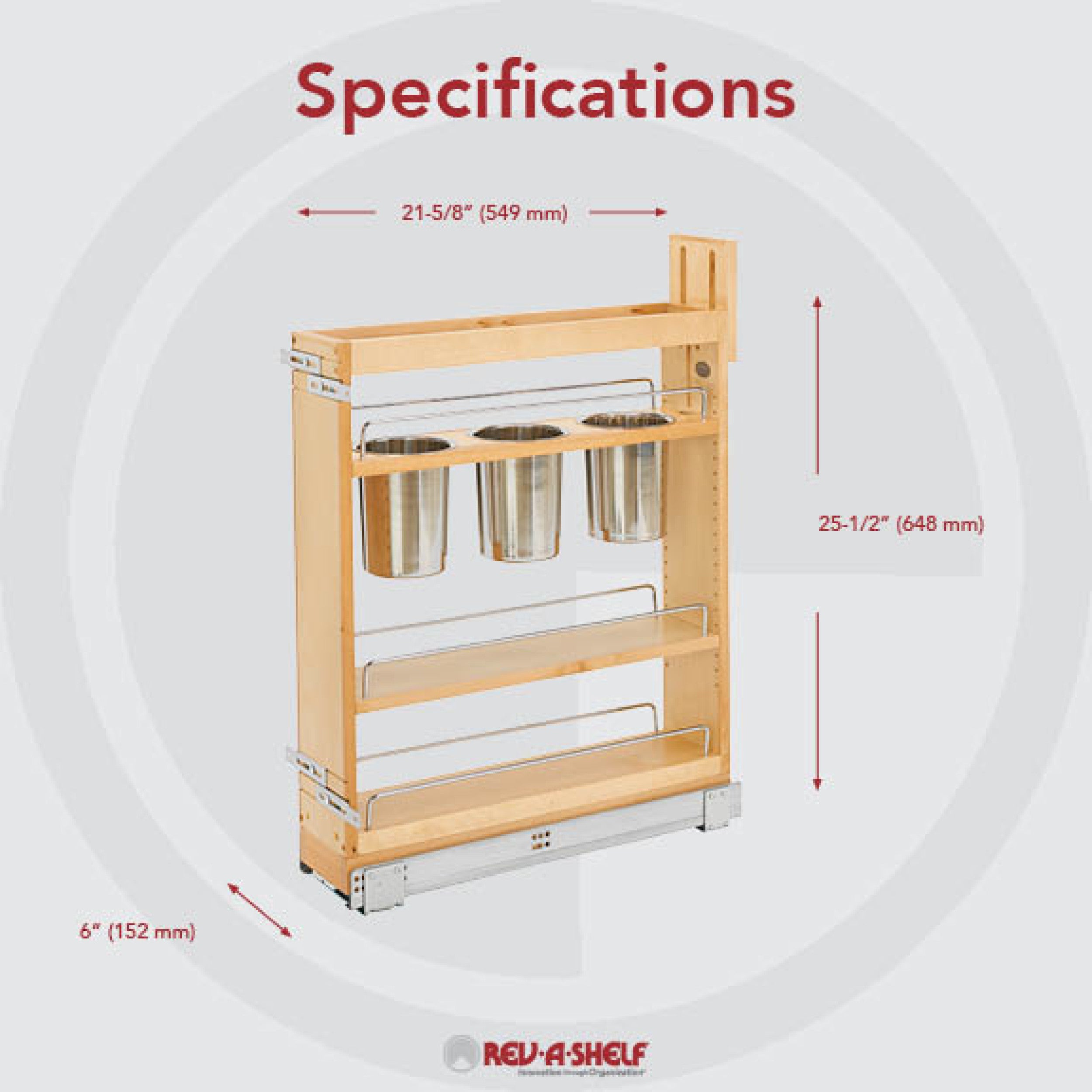 5 in Base Cabinet Organizer w/ 3 Utensil Bins Natural  6 in (152 mm) W x 21.63 in (549 mm) D x 25.5 in (648 mm) H