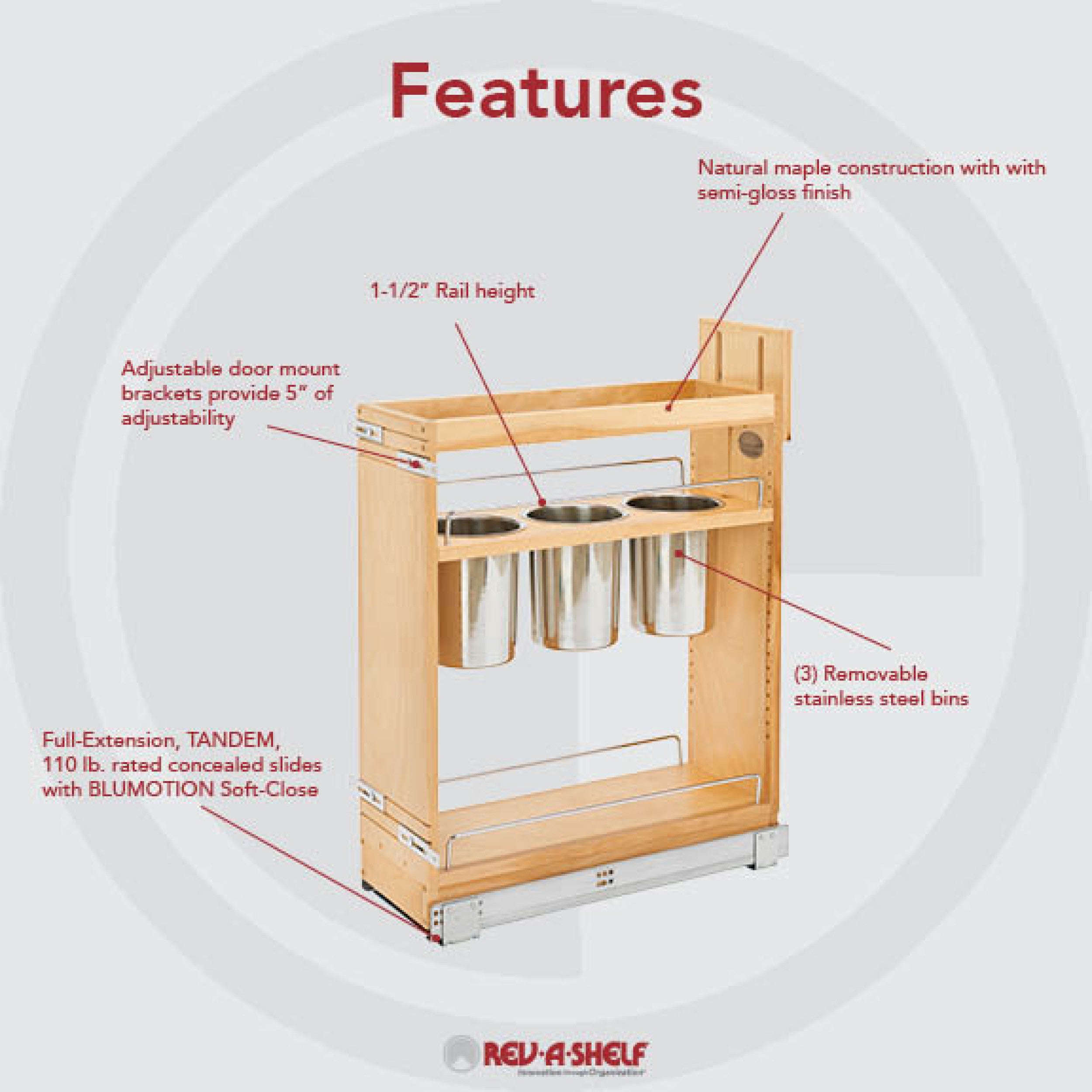 8 in Base Cabinet Organizer w/ 3 Utensil Bins Natural  8.75 in (222 mm) W x 21.63 in (549 mm) D x 25.5 in (648 mm) H
