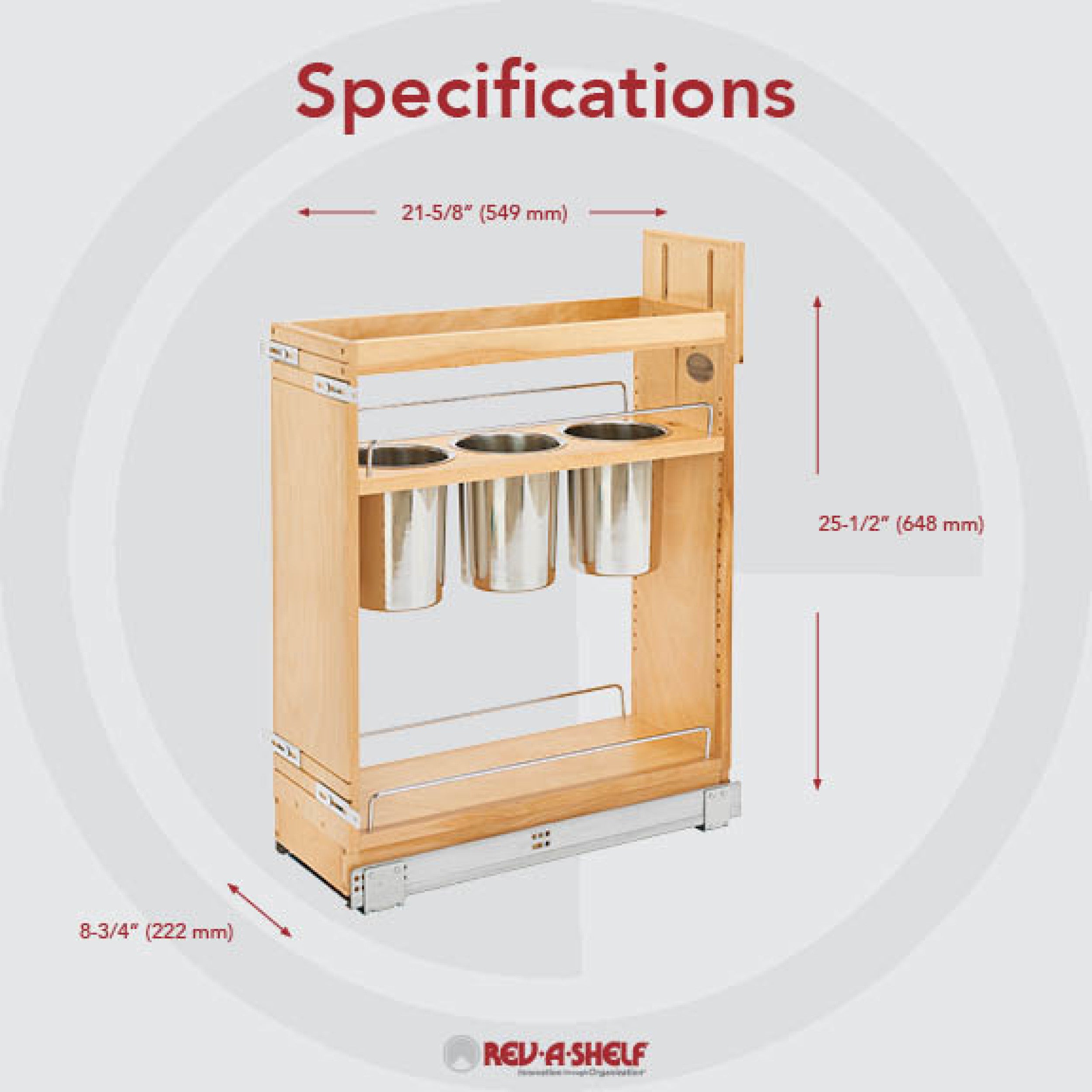 8 in Base Cabinet Organizer w/ 3 Utensil Bins Natural  8.75 in (222 mm) W x 21.63 in (549 mm) D x 25.5 in (648 mm) H