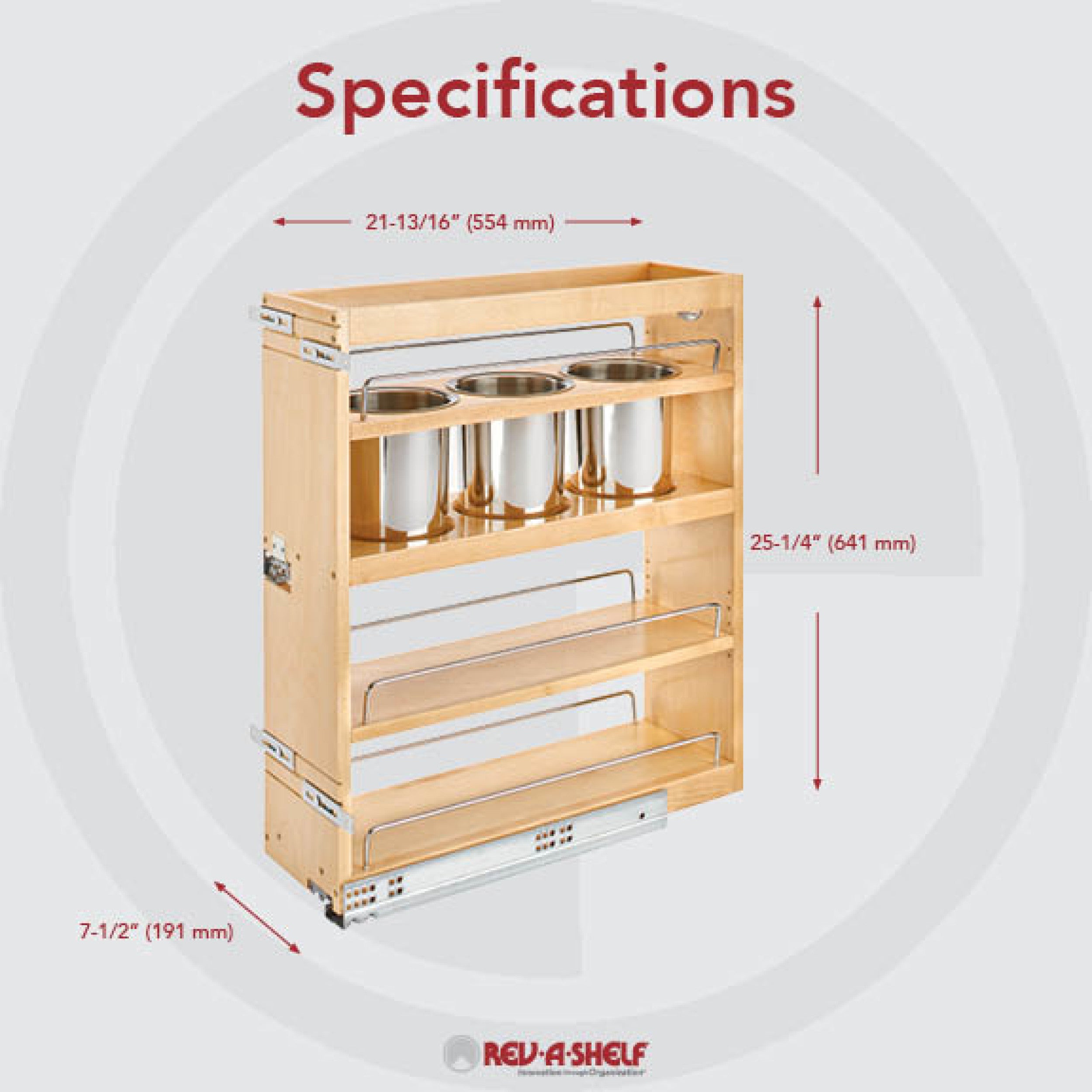 7.5 in Base Cabinet Organizer w/ 3 Utensil Bins Natural  7.5 in (191 mm) W x 21.81 in (554 mm) D x 25.25 in (641 mm) H