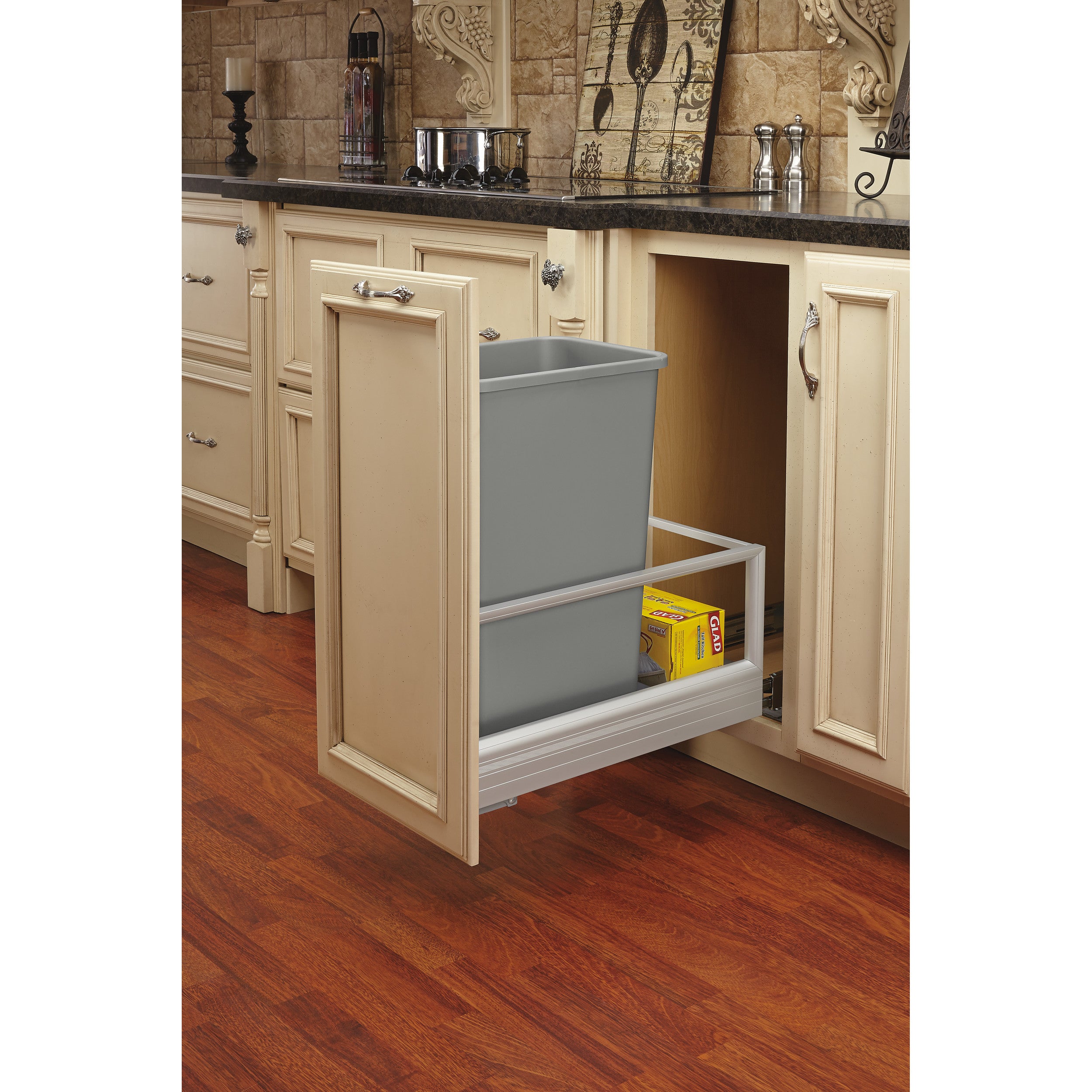 50 Qrt Pull-Out Waste Container w/Rev-A-Motion Silver  12.15 in (309 mm) W x 22 in (559 mm) D x 23.5 in (597 mm) H