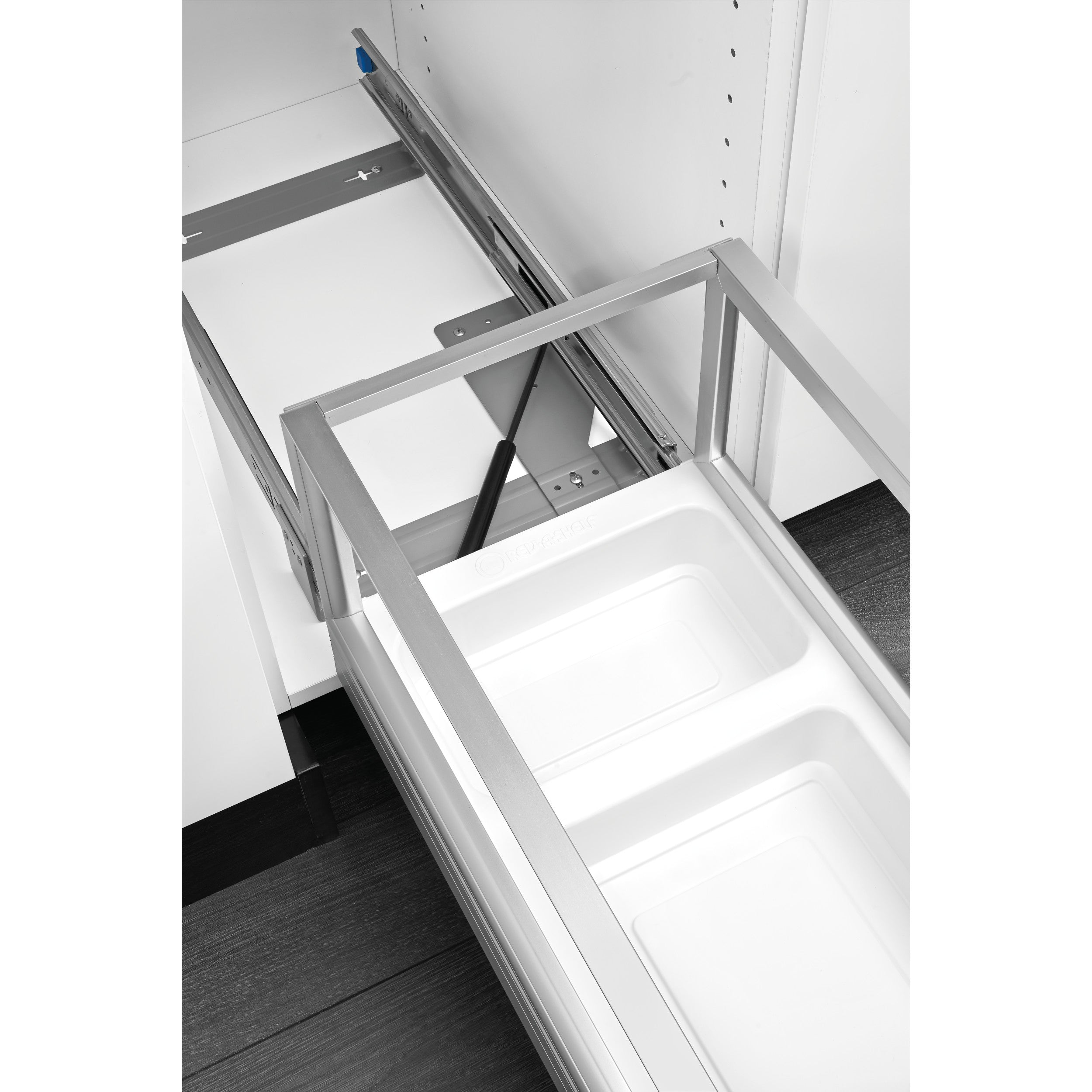 Double 35 Qrt Pull-Out Waste Container w/Rev-A-Motion White  14.19 in (360 mm) W x 22 in (559 mm) D x 19.5 in (495 mm) H