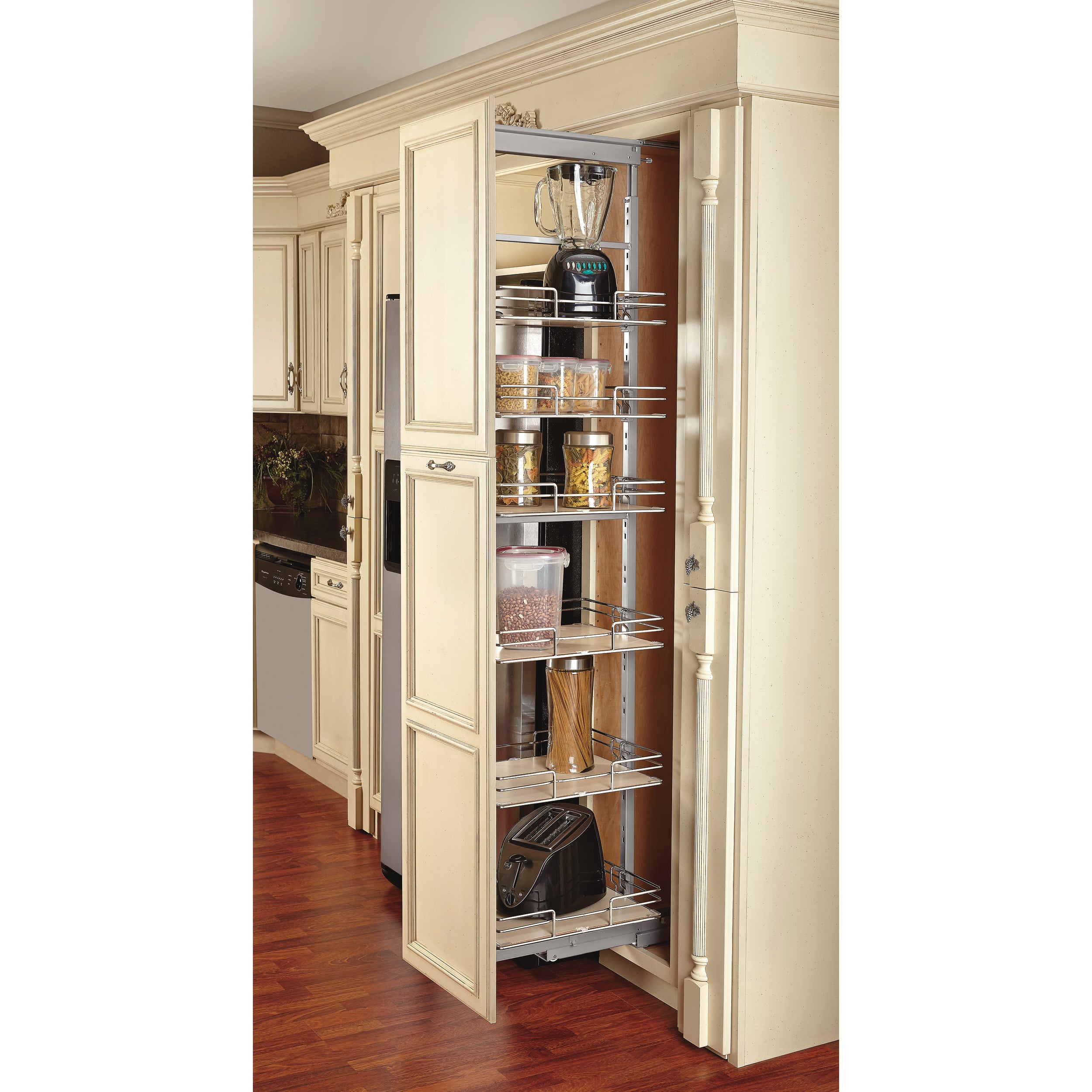 9 in Extra Tall Pullout Maple Pantry w/Soft-Close Chrome  8.63 in (219 mm) W x 19.5 in (495 mm) D x 74.88 in (1902 mm) H