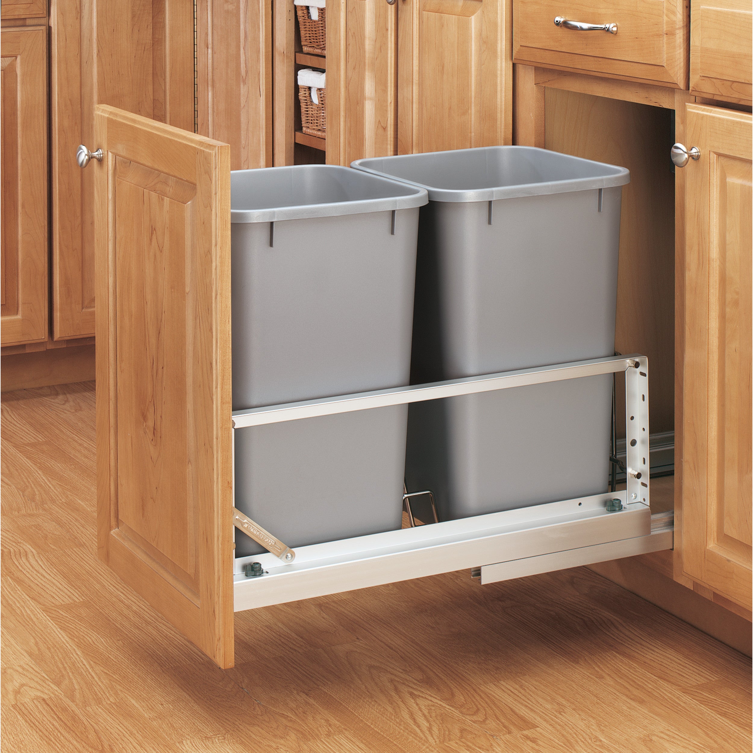 Aluminum Pull Out Double Trash/Waste Container w/Soft Close (11-21/32" W x 22-3/32" D x 18-29/32" H)