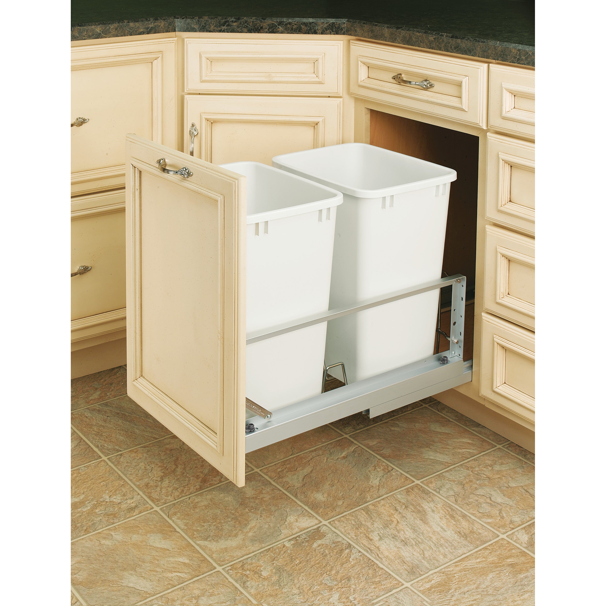 Aluminum  Pull Out Double Trash/Waste Container w/Soft Close (14-25/32" W x 22-3/32" D x 19-1/32" H)
