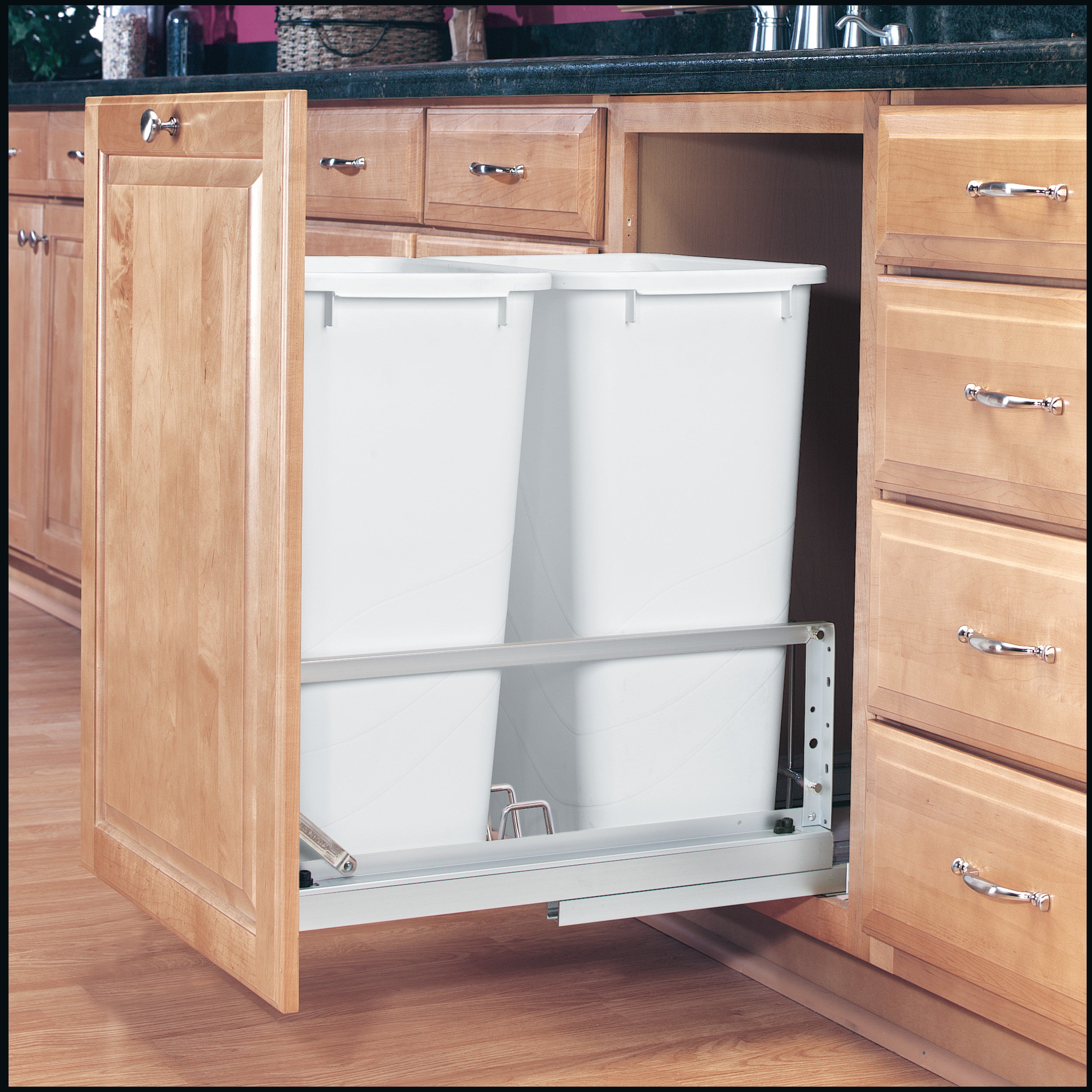 Double 50 Qrt Pull-Out Waste Containers Silver  14.81 in (376 mm) W x 22.13 in (562 mm) D x 22.94 in (583 mm) H