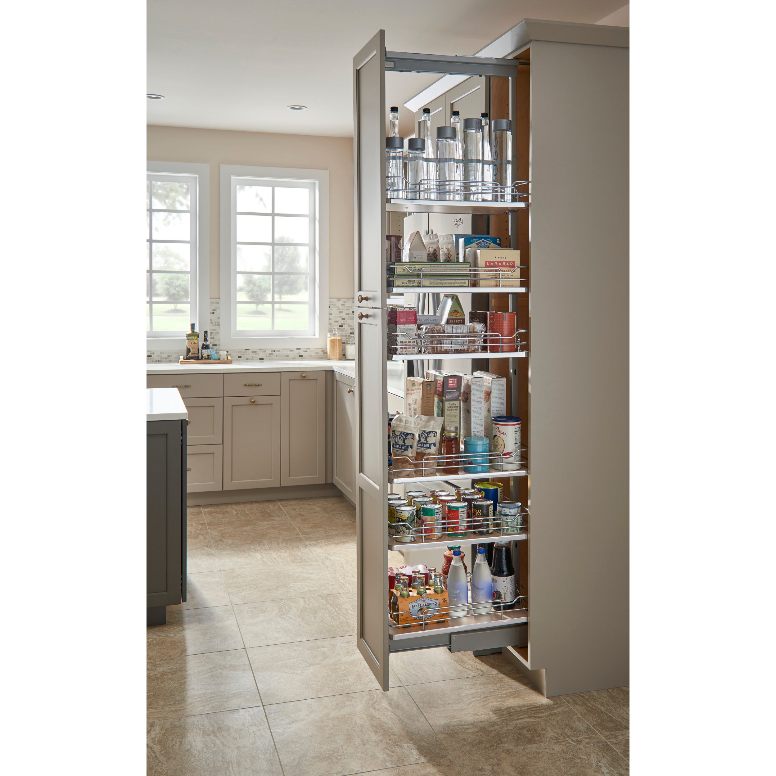 19 in Chrome Solid Bottom Pantry Pullout Soft Close Natural  19.25 in (489 mm) W x 21.69 in (551 mm) D x 50.75 in (1289 mm) H