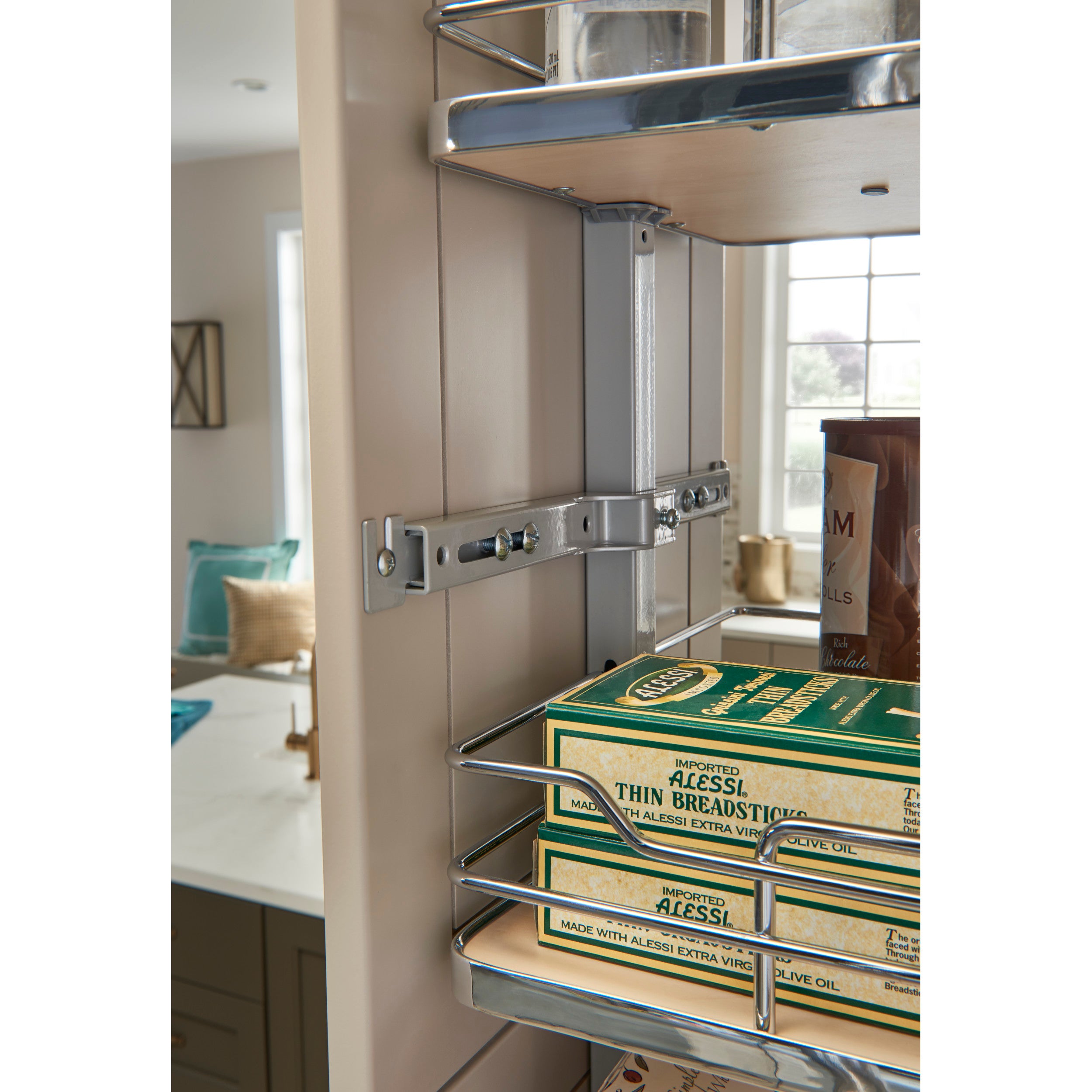 8 in Chrome Solid Bottom Pantry Pullout Soft Close Gray  8.25 in (210 mm) W x 21.69 in (551 mm) D x 73.63 in (1870 mm) H