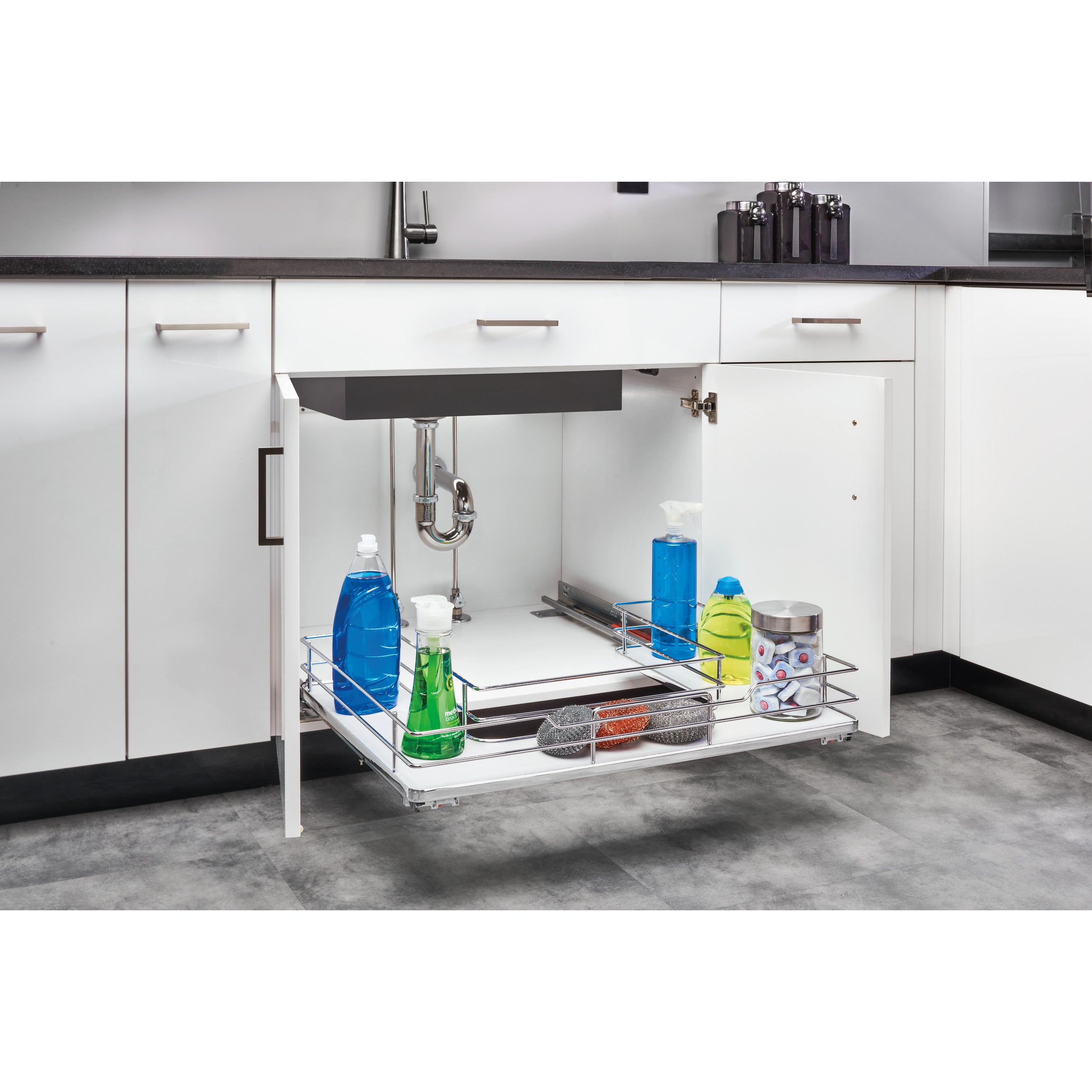 30 in Chrome U-Shaped Solid Bottom Pull Out w/Soft-Close Gray  29.5 in (749 mm) W x 22 in (559 mm) D x 5.25 in (133 mm) H