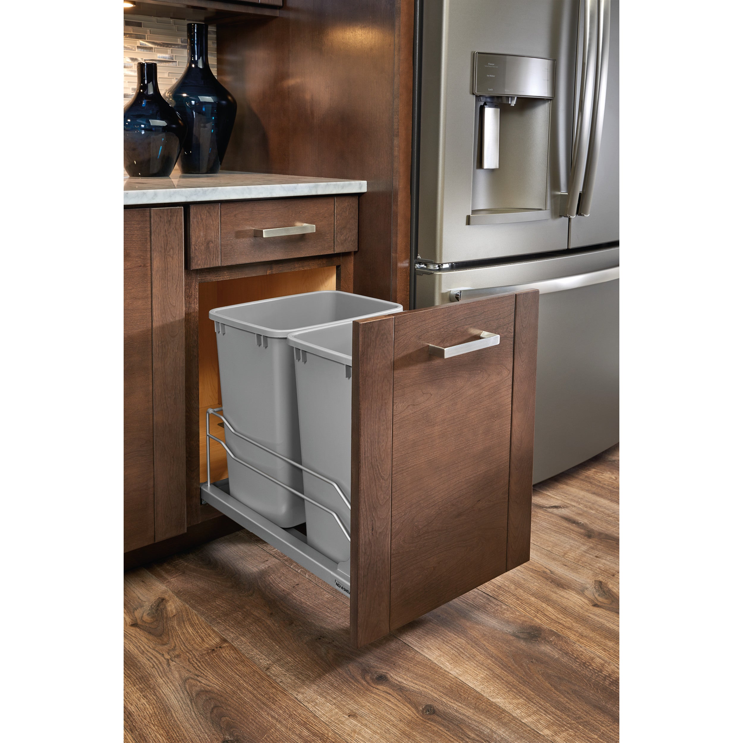 Double 27 Qrt Pull-Out Waste Container Soft-Close Gray 11.26 in (286 mm) W x 22.09 in (561 mm) D x 18.94 in (481 mm) H SILVER