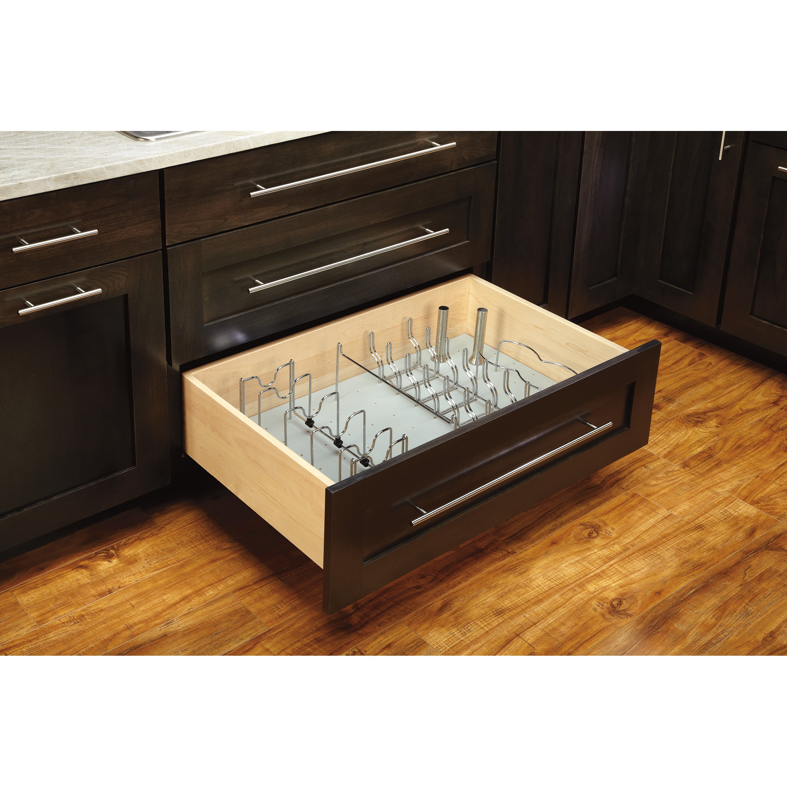 Chrome Lid Organizer for Drawer Peg Boards Chrome  5.25 in (133 mm) W x 16.88 in (429 mm) D x 5.38 in (137 mm) H