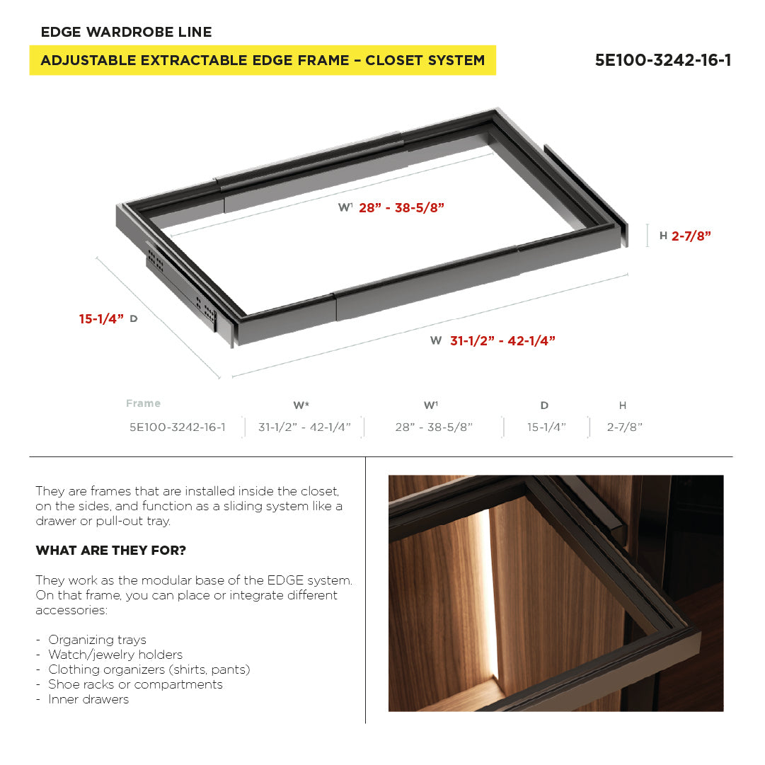 Rev-A-Shelf EDGE Adjustable Pull-Out Closet Frame 31-1/2" - 42-11/32" W x 16" D - 5E100-3242-16-1