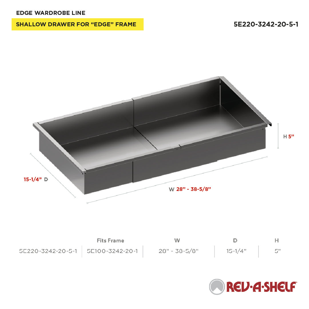Rev-A-Shelf EDGE 5" H Adjustable Drawer Insert for 31-1/2" - 42-11/32" W x 20" D Frame - 5E220-3242-20-5-1