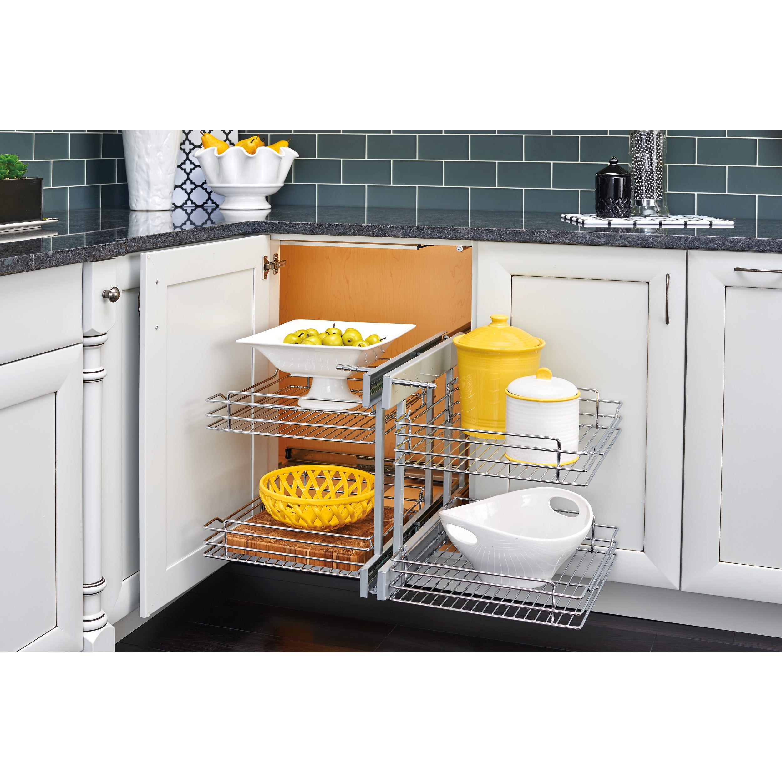 18 in Chrome Blind Corner Organizer Soft-Close Chrome  32.25 in (819 mm) W x 20.25 in (514 mm) D x 21 in (533 mm) H