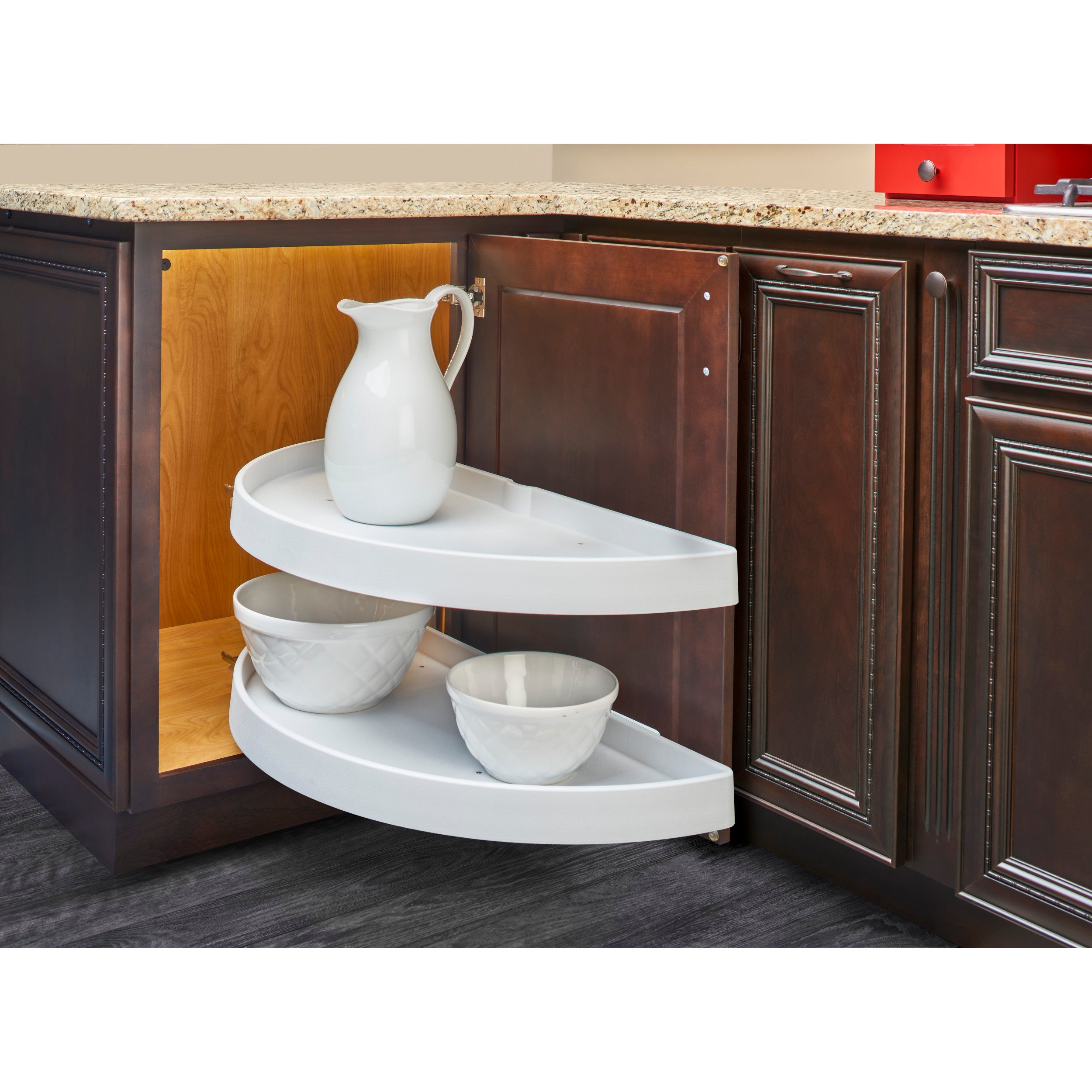 39 in Polymer Two-Tier Half Moon Susans White  39 in (991 mm) W x 19.5 in (495 mm) D x 15.88 in (403 mm) H