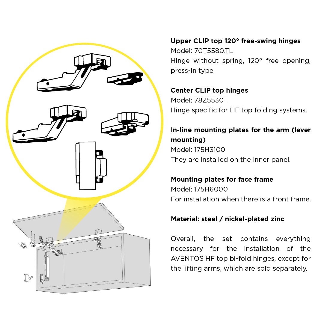 Clip Top Center Hinge Aventos HF 134° (Set), Free Swing, Hinge Cup: Press-In, Nickel-Plated