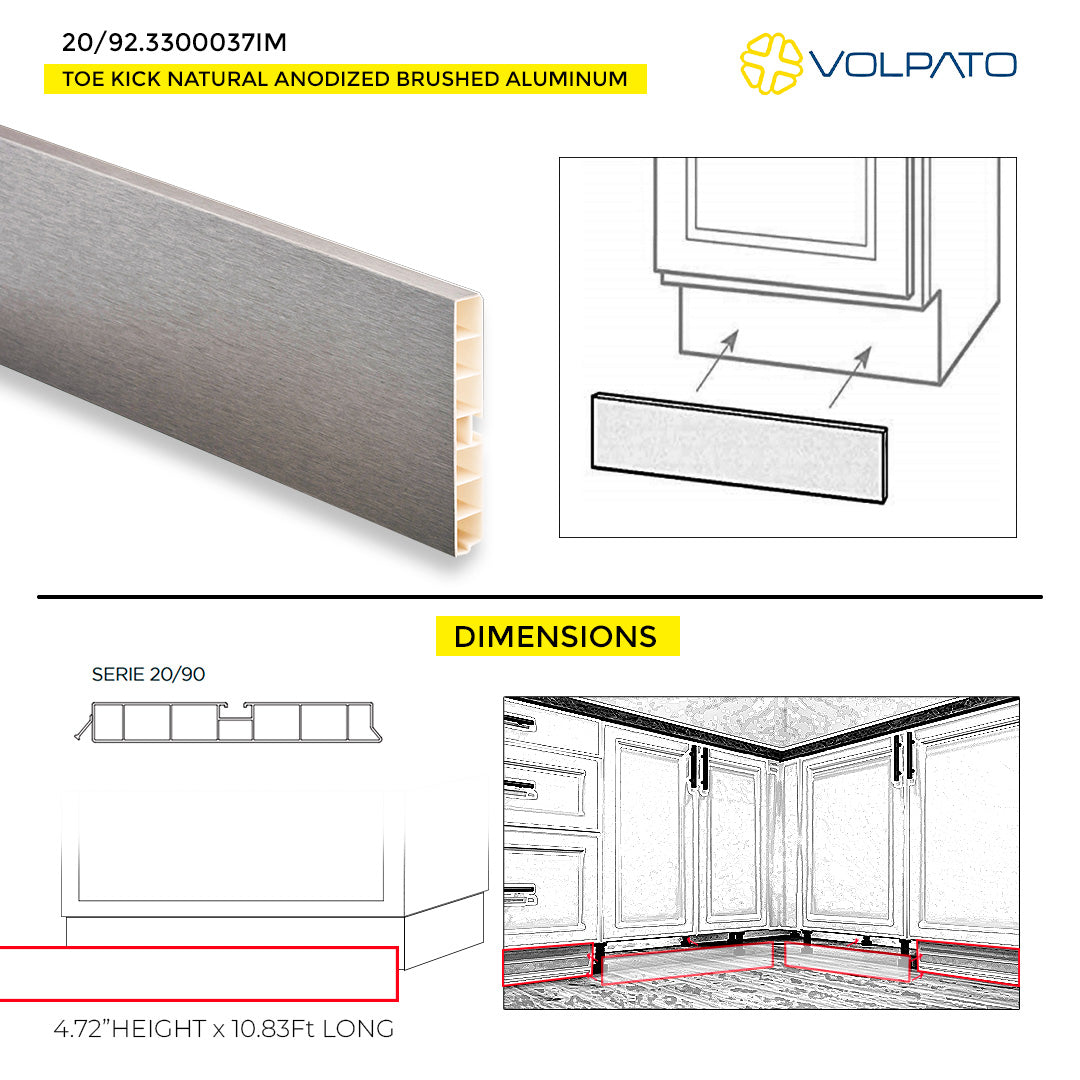 TOE KICK VOLPATO H120MM 4.72" H X 10.83' LONG ANODIZED BRUSHED ALUMINUM