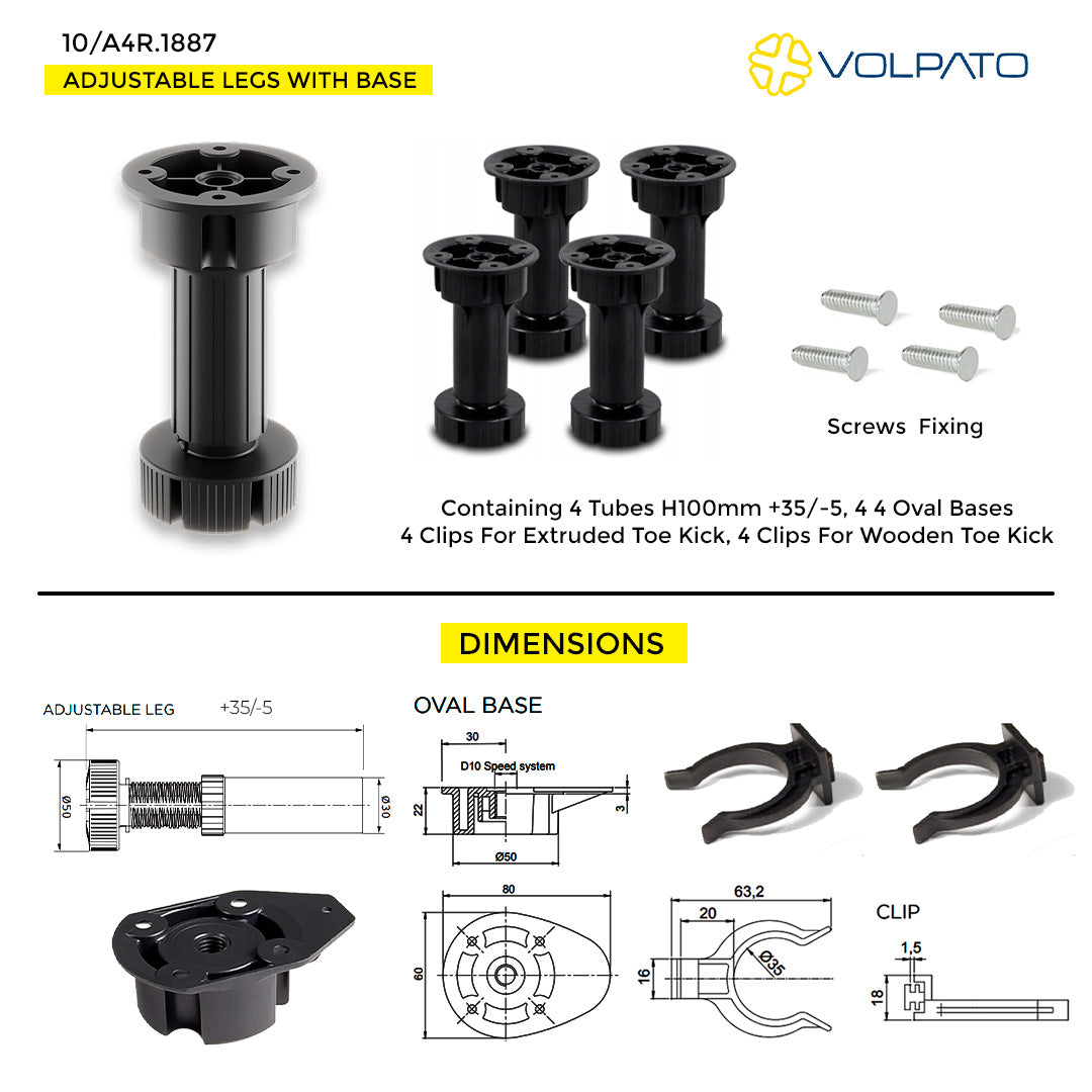 ADJUSTABLE LEG SET VOLPATO H150MM TO 200MM - SET OF 4 LEGS, OVAL BASES AND CLIPS FOR EXTRUDED AND WODDEN TOE KICK