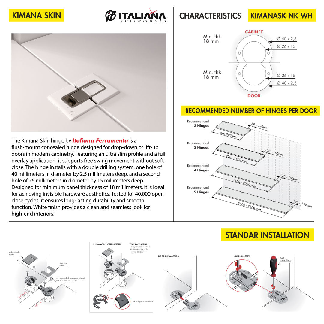 HINGE KIMANA SKIN ITALIANA FERRAMENTA FREE SWING FOR 18MM PANEL DOUBLE DRILL Ã˜40X2.5MM Ã˜26X15MM WHITE