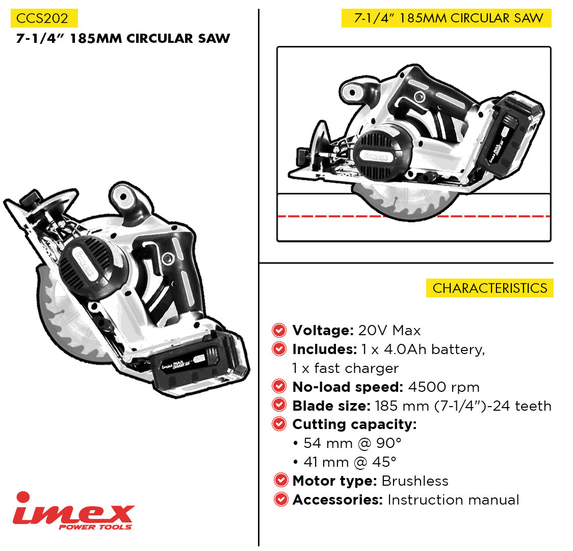 7-1/4" 20V Cordless Brushless Circular Saw with Battery and Charger - IMEX Power Tools