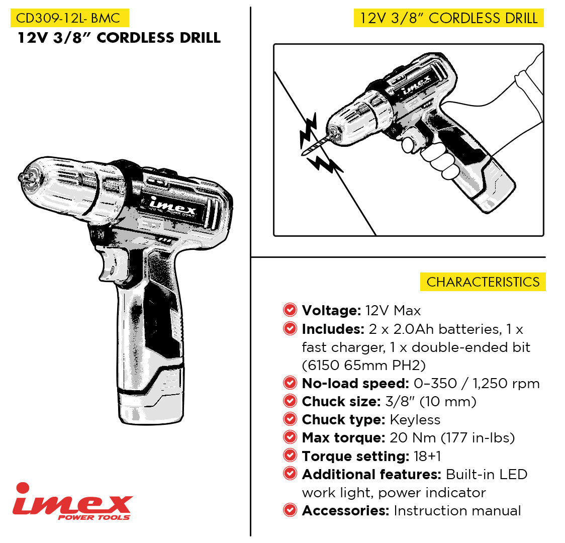 12V 3/8" Cordless Drill with Dual Battery and Charger - IMEX Power Tools