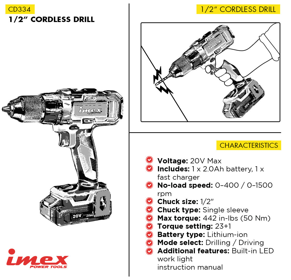 1/2" 20V Cordless Drill with Battery and Charger - IMEX Power Tools