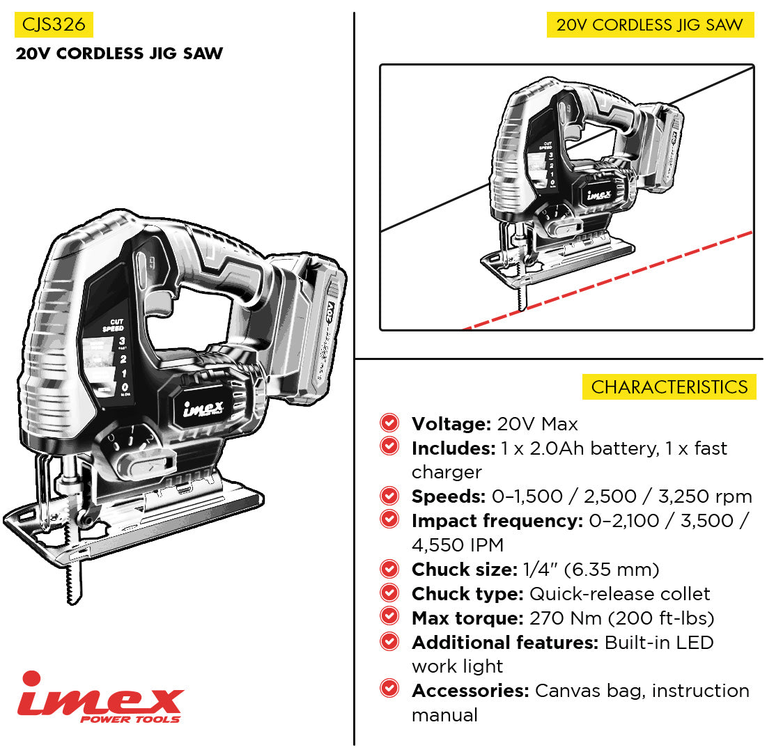 20V Cordless Jig Saw with Battery and Charger - IMEX Power Tools