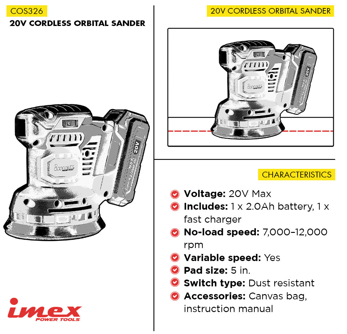 20V Cordless Orbital Sander with Battery and Charger - IMEX Power Tools