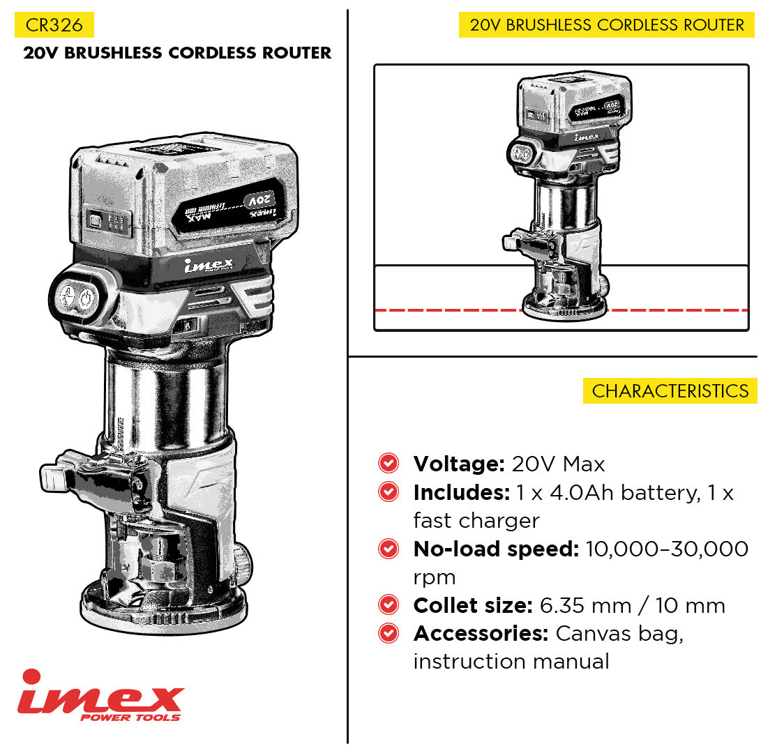 20V Brushless Cordless Router with Battery and Charger - IMEX Power Tools