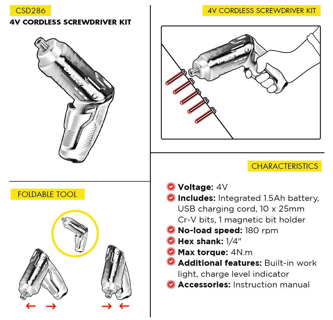 4V Cordless Screwdriver Kit with Integrated Battery - IMEX Power Tools