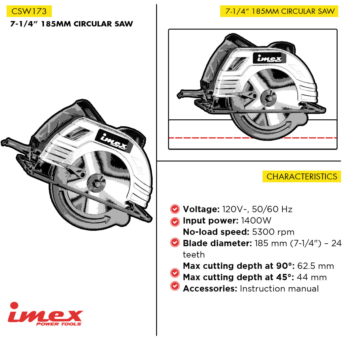 7-1/4" (185 mm) Circular Saw 1400W - IMEX Power Tools