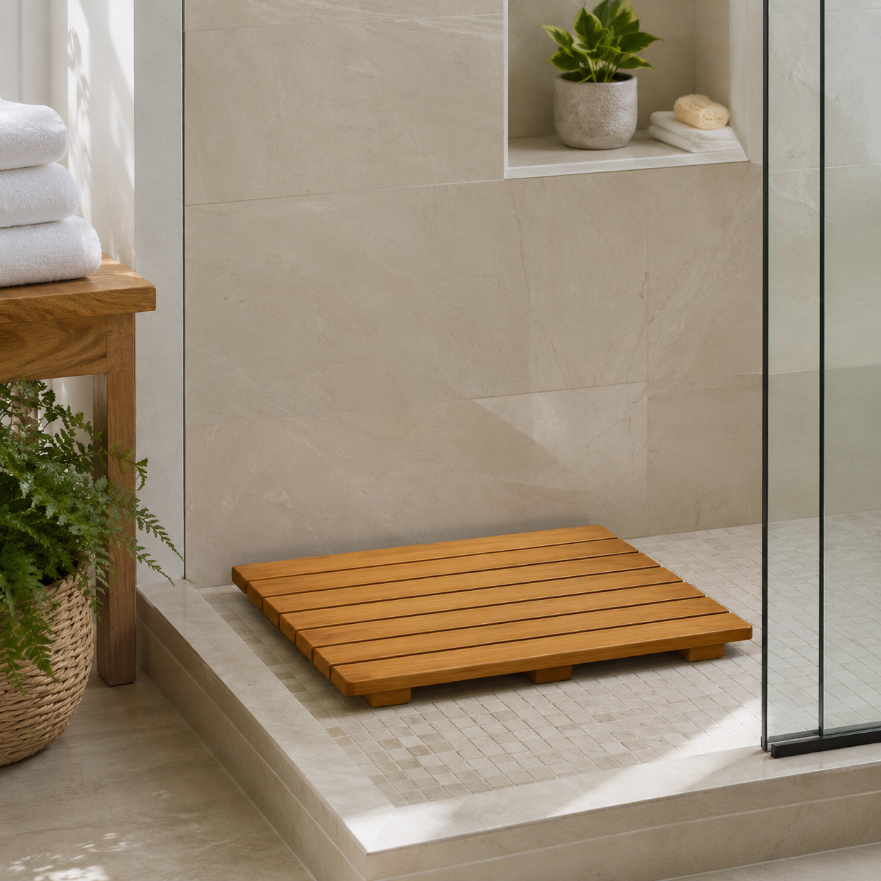 Teak Shower Bench Seat - 16 x 21 x 1.63 - Teak | Federal Brace