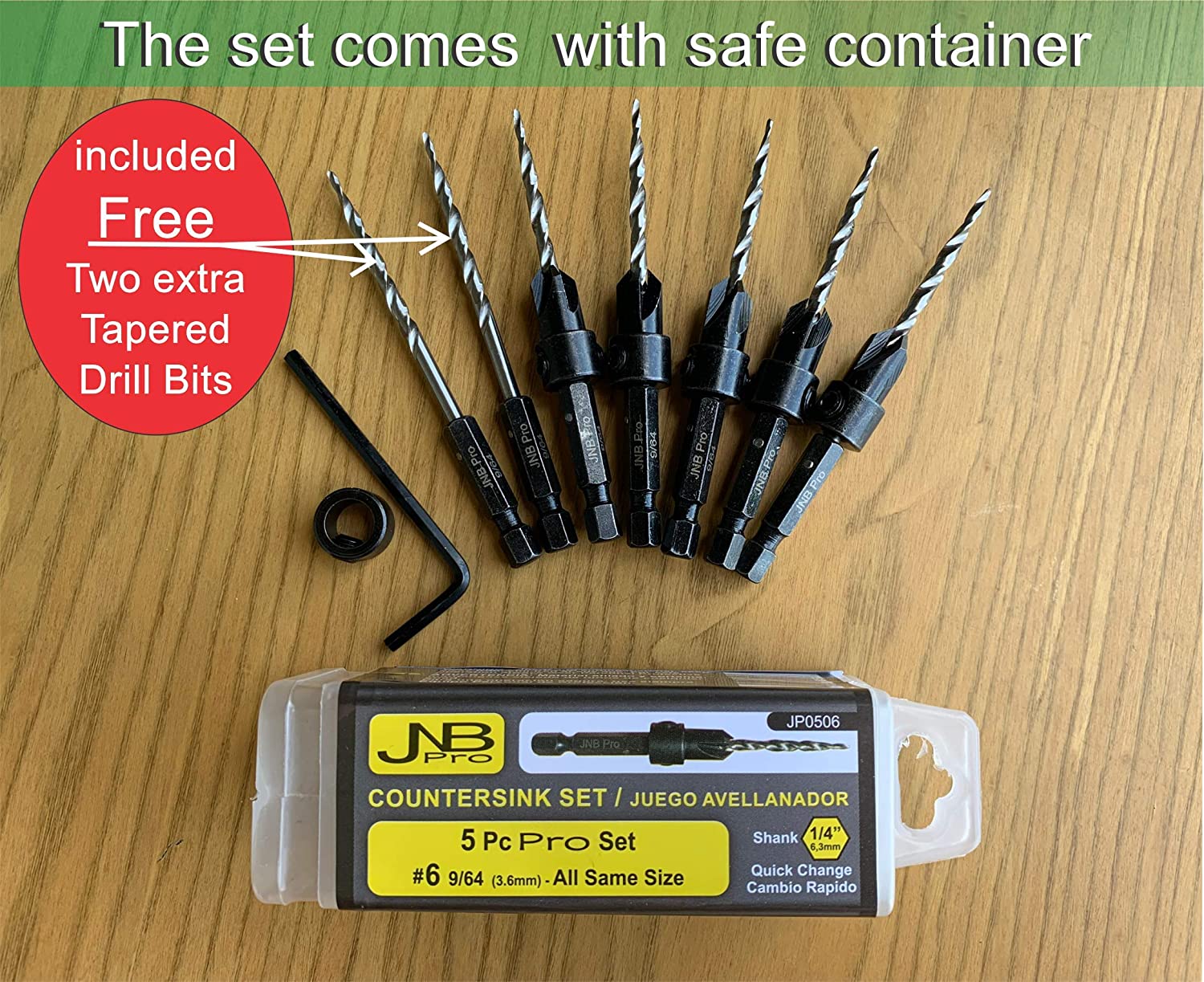 Countersink:5 Pc Pro Set- #6 with 2 extra bit- Countersink Drill Bit