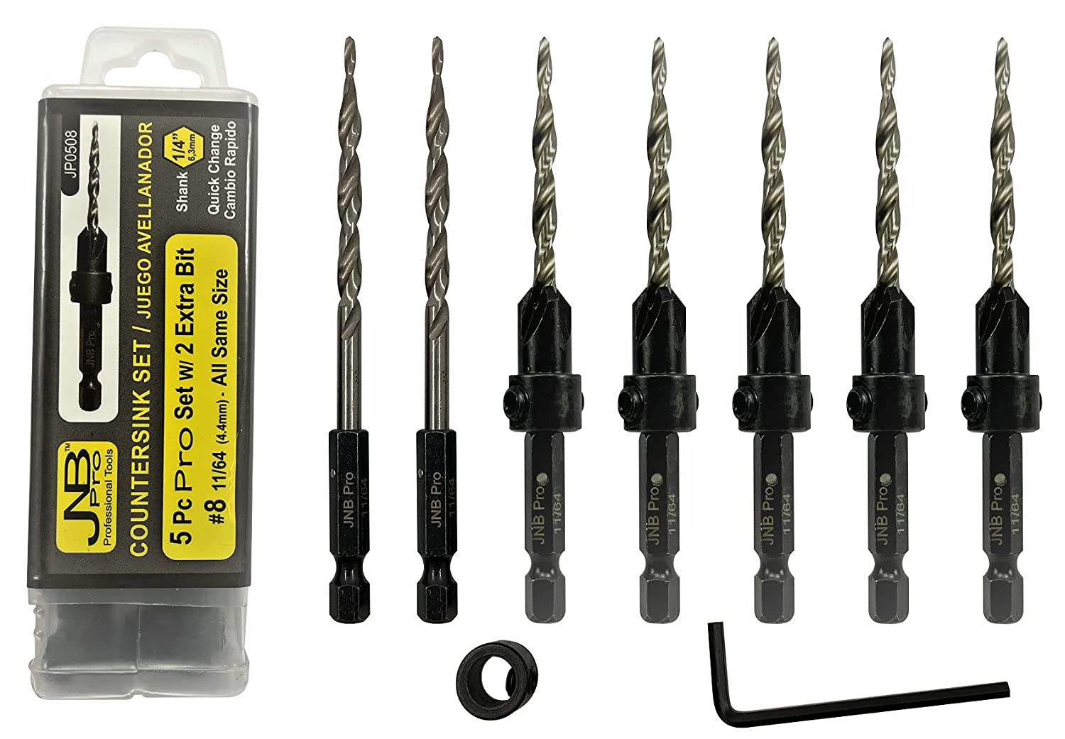 Countersink:5 Pc Pro Set- #8 with 2 extra bit- Countersink Drill Bit