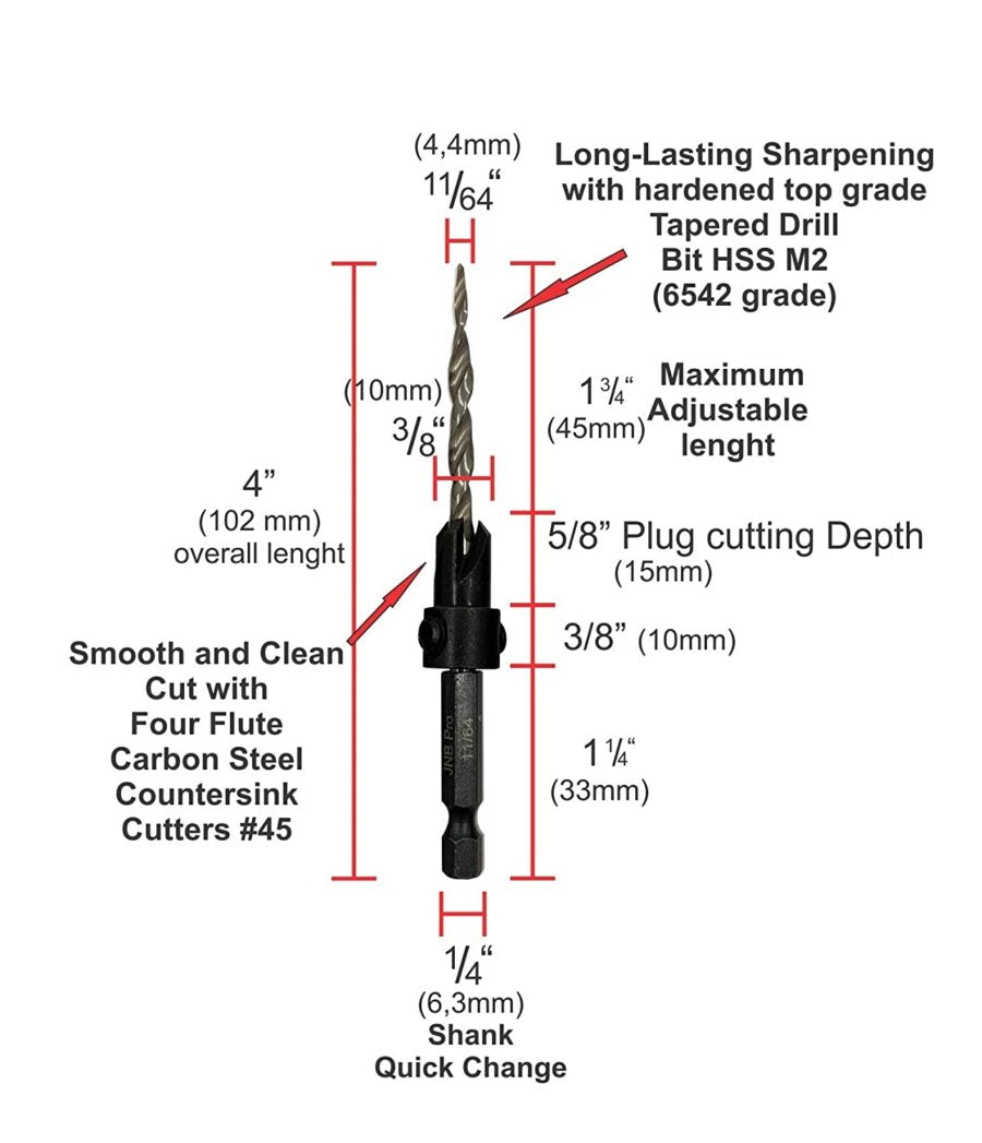 Countersink:5 Pc Pro Set- #8 with 2 extra bit- Countersink Drill Bit