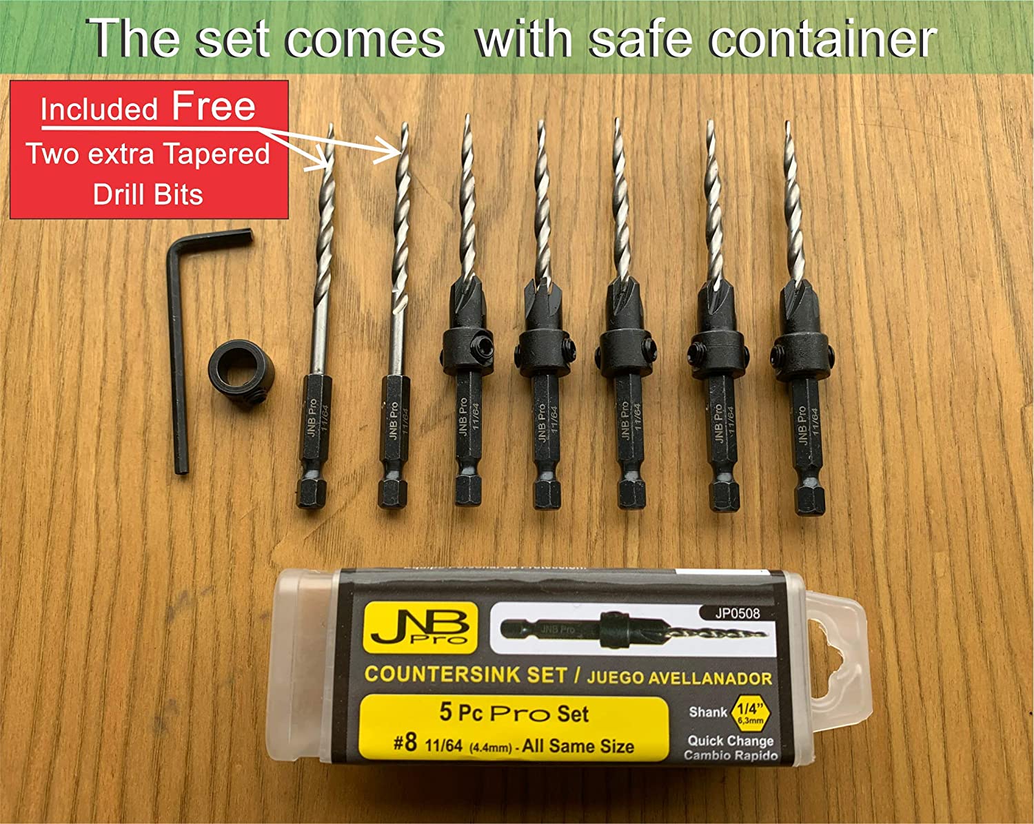 Countersink:5 Pc Pro Set- #8 with 2 extra bit- Countersink Drill Bit