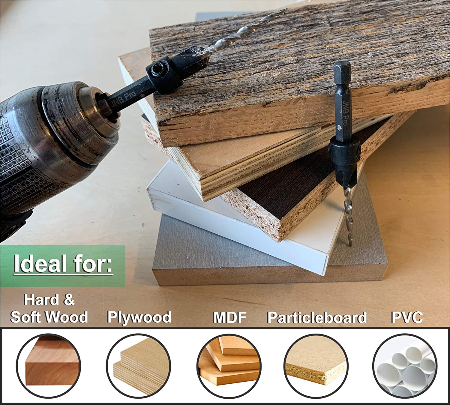 Countersink:5 Pc Pro Set- #8 with 2 extra bit- Countersink Drill Bit