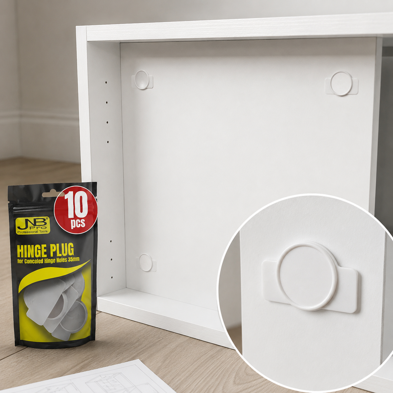 JNB Concealed Hinge Hole Cover 35mm - White (10 Pk)