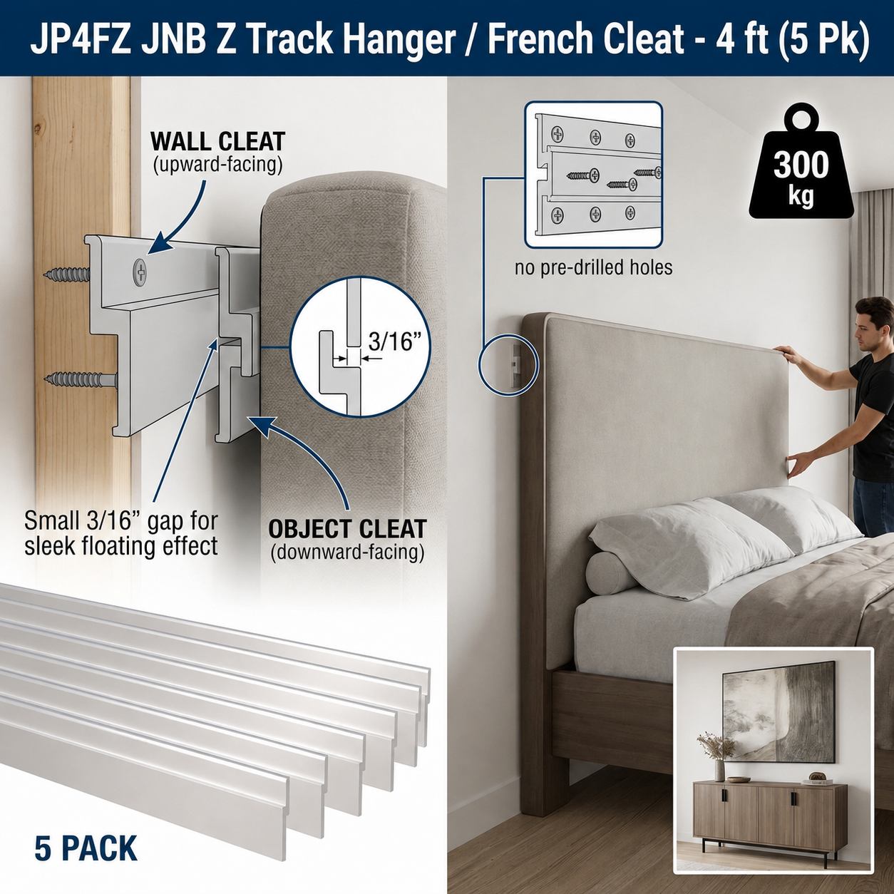 JNB Z Track Hanger / French Cleat - 4 ft (5 Pk)