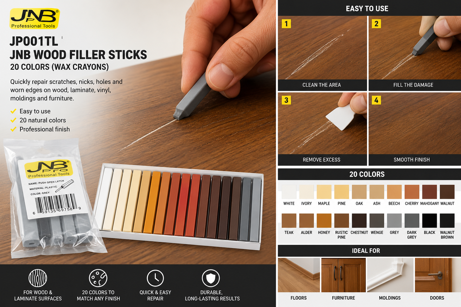 JNB Wood Filler Sticks - 20 Colors (Wax Crayons)